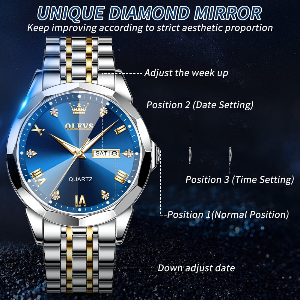 OLEVS Men's Diamond Analog Quartz Dress Watch Stainless Steel Waterproof Business Wristwatch (Blue, 1.6 in) fduvn