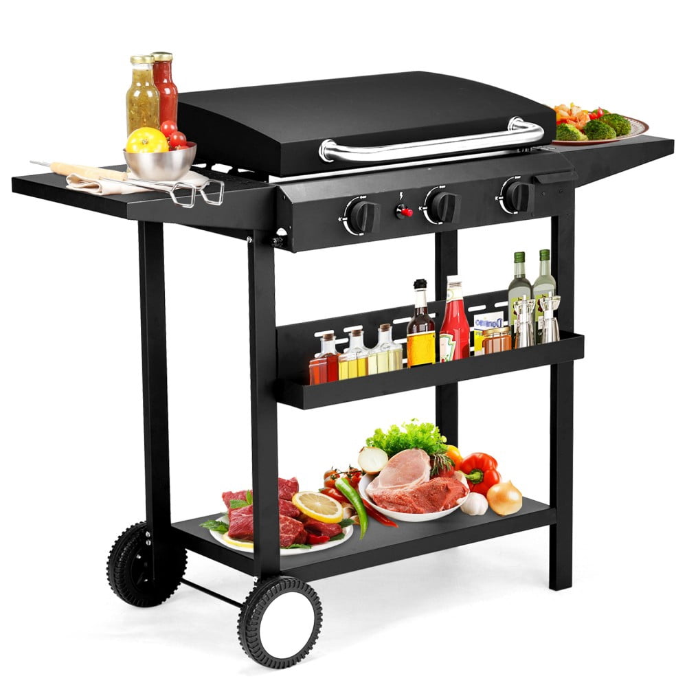 IVV 3-Burner Propane Gas Flat-Top Griddle, Outdoor Cooking Station with Side Shelves and Spice Rack (Black, 23.2 in x 14.2 in) nbwtq
