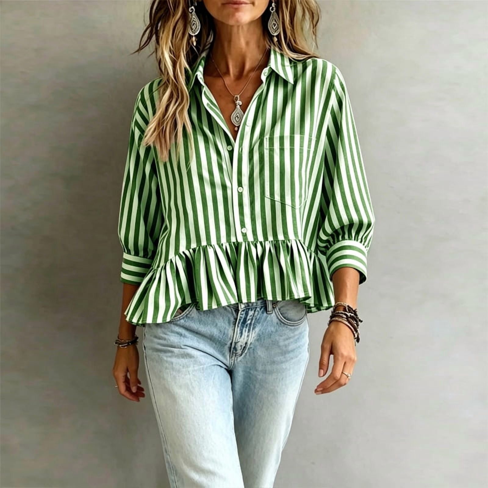 MORTTIC Women's Striped Ruffle Hem Babydoll Blouse (Green, Small) ls9pf