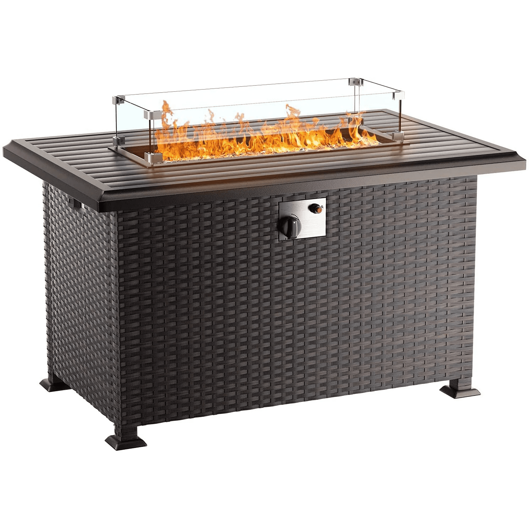 Gotland 43.3 in Rattan Propane Fire Pit Table, Rectangle Gas Fireplace with Windshield and Weather Cover (Brown, 43.3 in) ndwrs