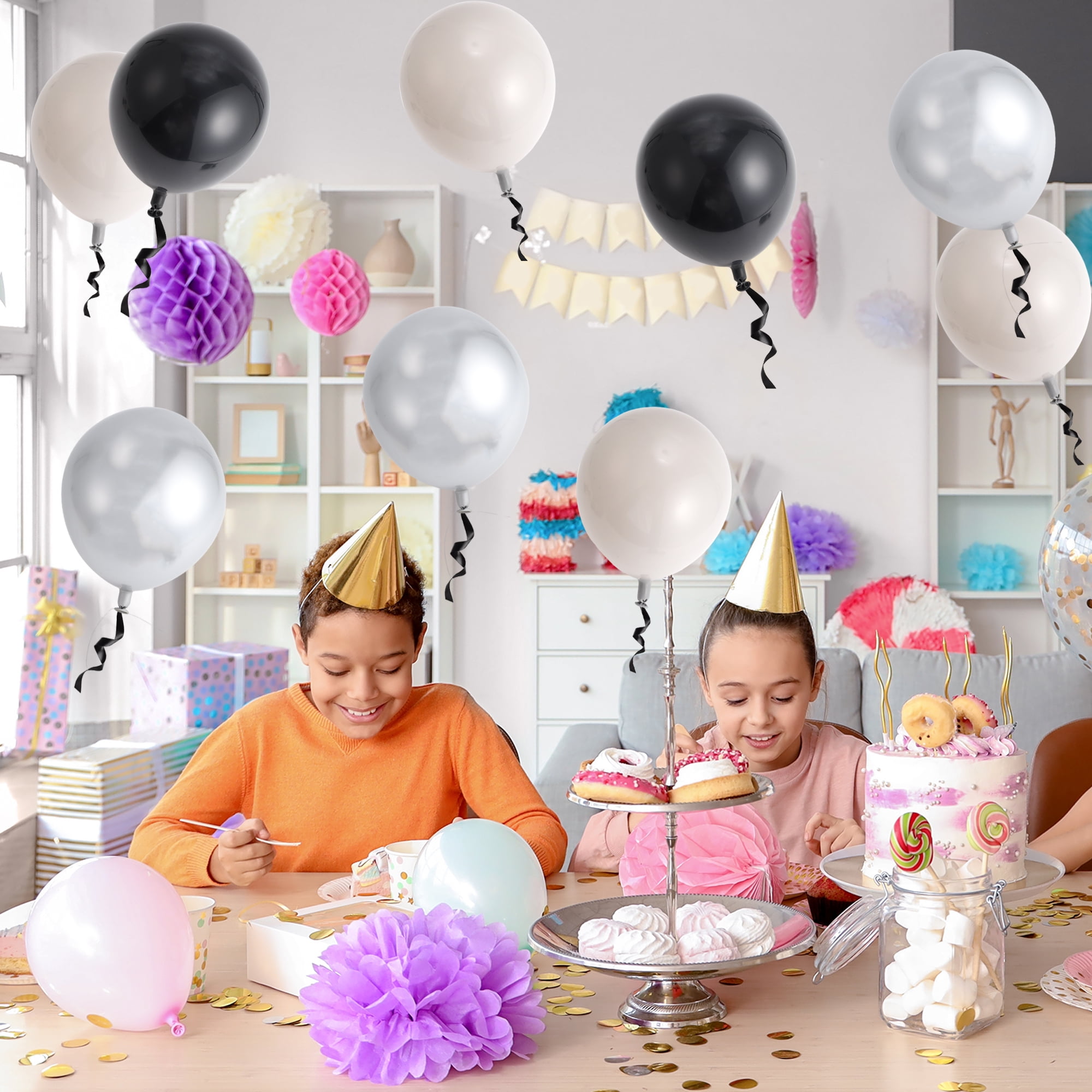 Unique Bargains Latex Party Balloons with Ribbon, Decorative Set for Weddings and Birthdays (Black, White, Gray, Silver, 20 Pack, 10 in) blwvk