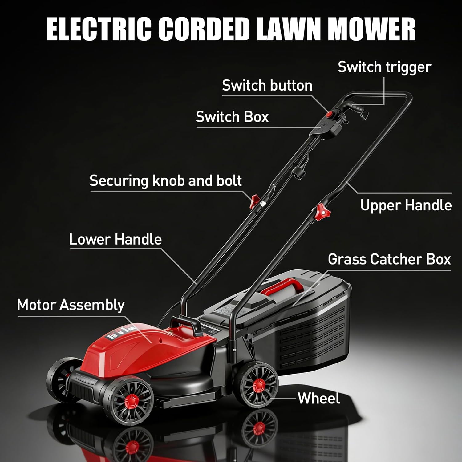 Datingday 14-Inch 12AMP Electric Corded Lawn Mower, Push-Button Start, Lightweight Walk-Behind Mower with Mulching and Bagging (Red, 14-Inch) qxbsr