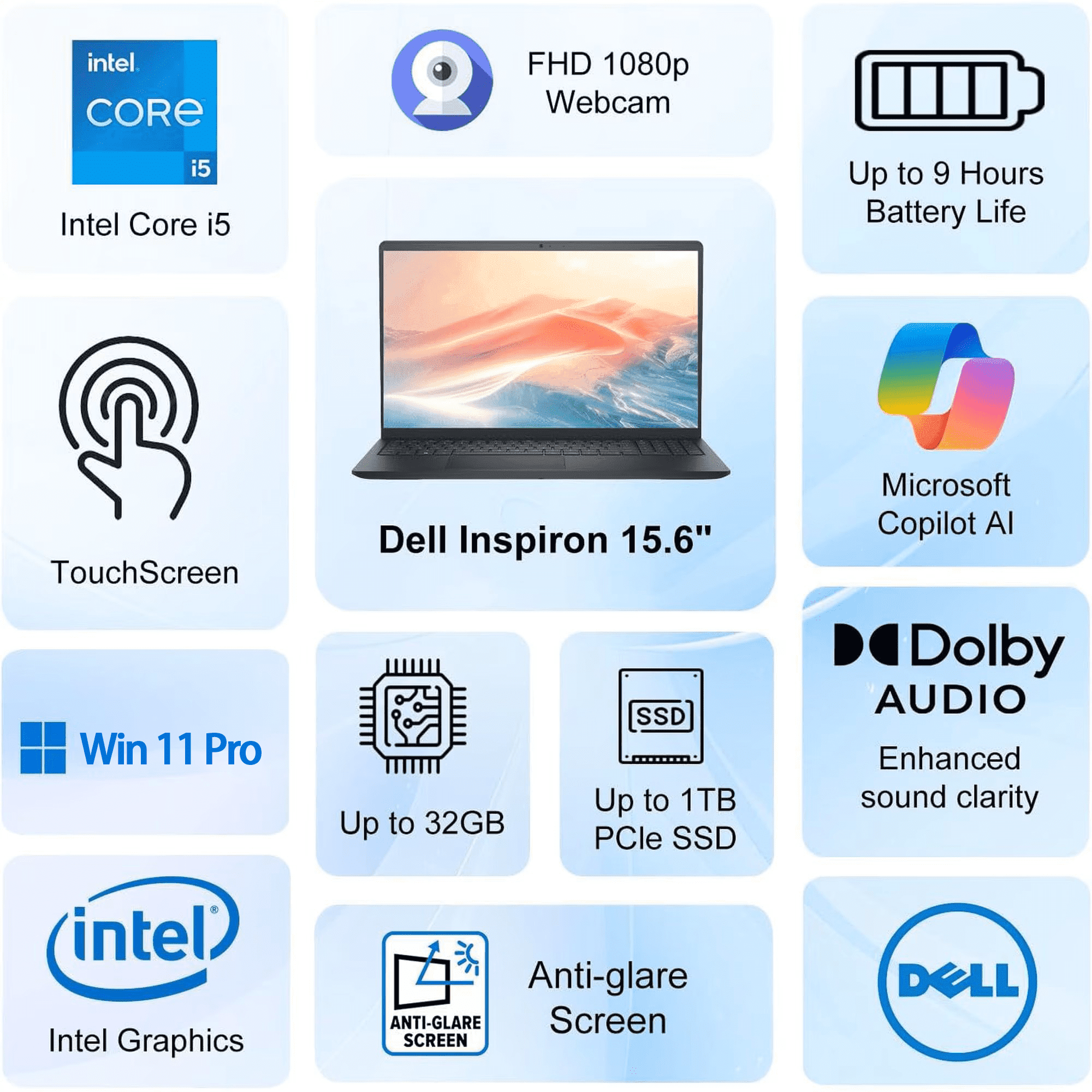 Dell Inspiron 15.6 in FHD Touchscreen Laptop (Intel Core i5-1334U, 16GB RAM, 512GB SSD, Windows 11 Pro, Black) vz0ch