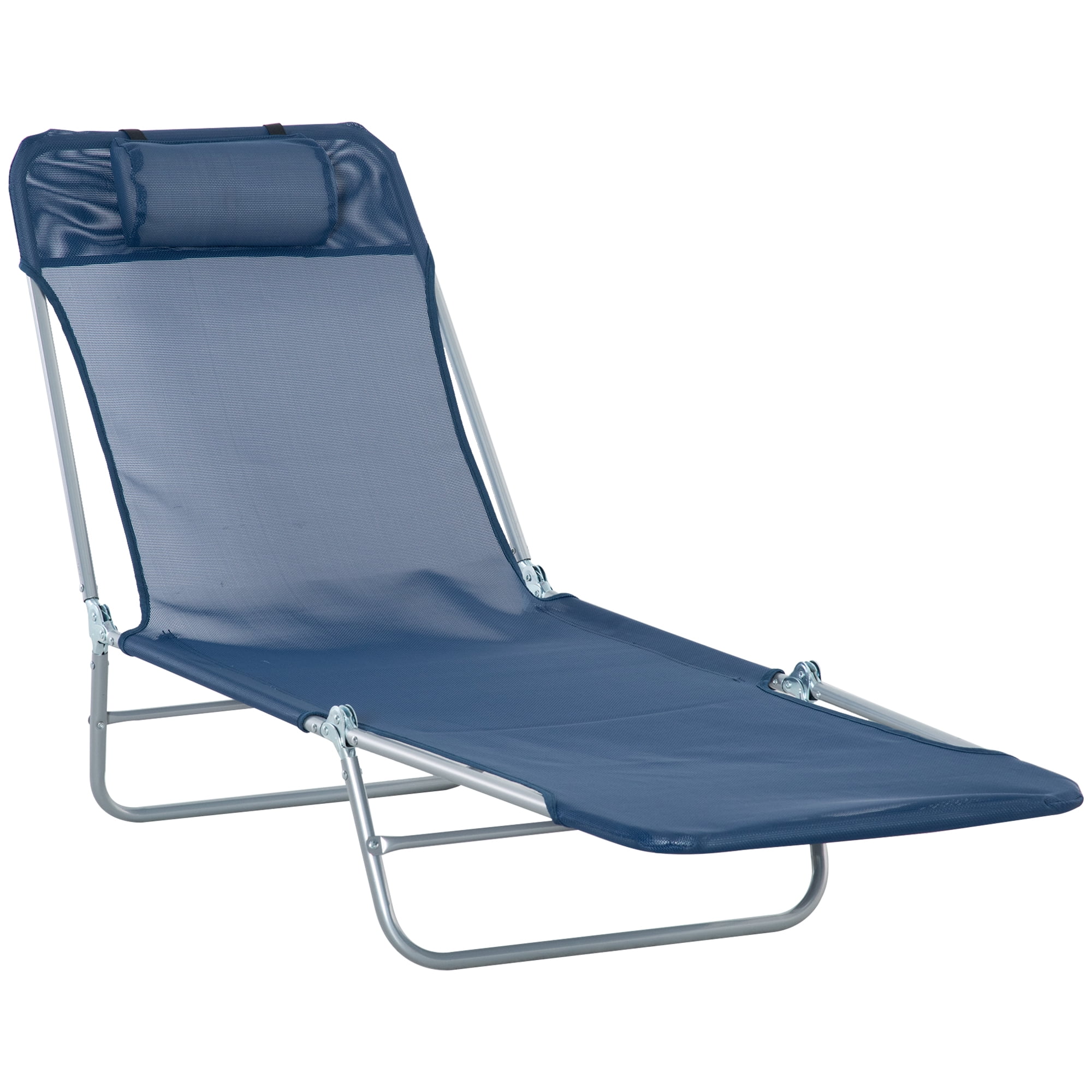 Outsunny Foldable Outdoor Chaise Lounge Chair, 5-Level Reclining Camping Tanning Chair with Breathable Mesh Fabric and Headrest (Dark Blue, 71.75 in L) yxiv2