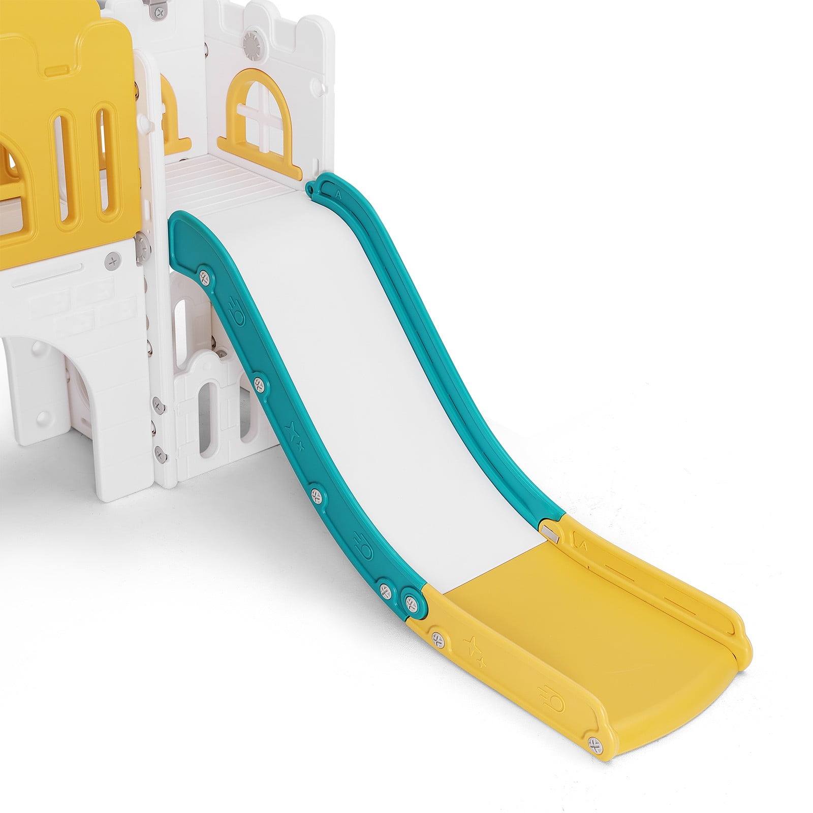 Joyldias 9-in-1 Toddler Slide and Playhouse Playset with Basketball Hoop and Climbing Ladder (Green, Yellow, White) k0fc2