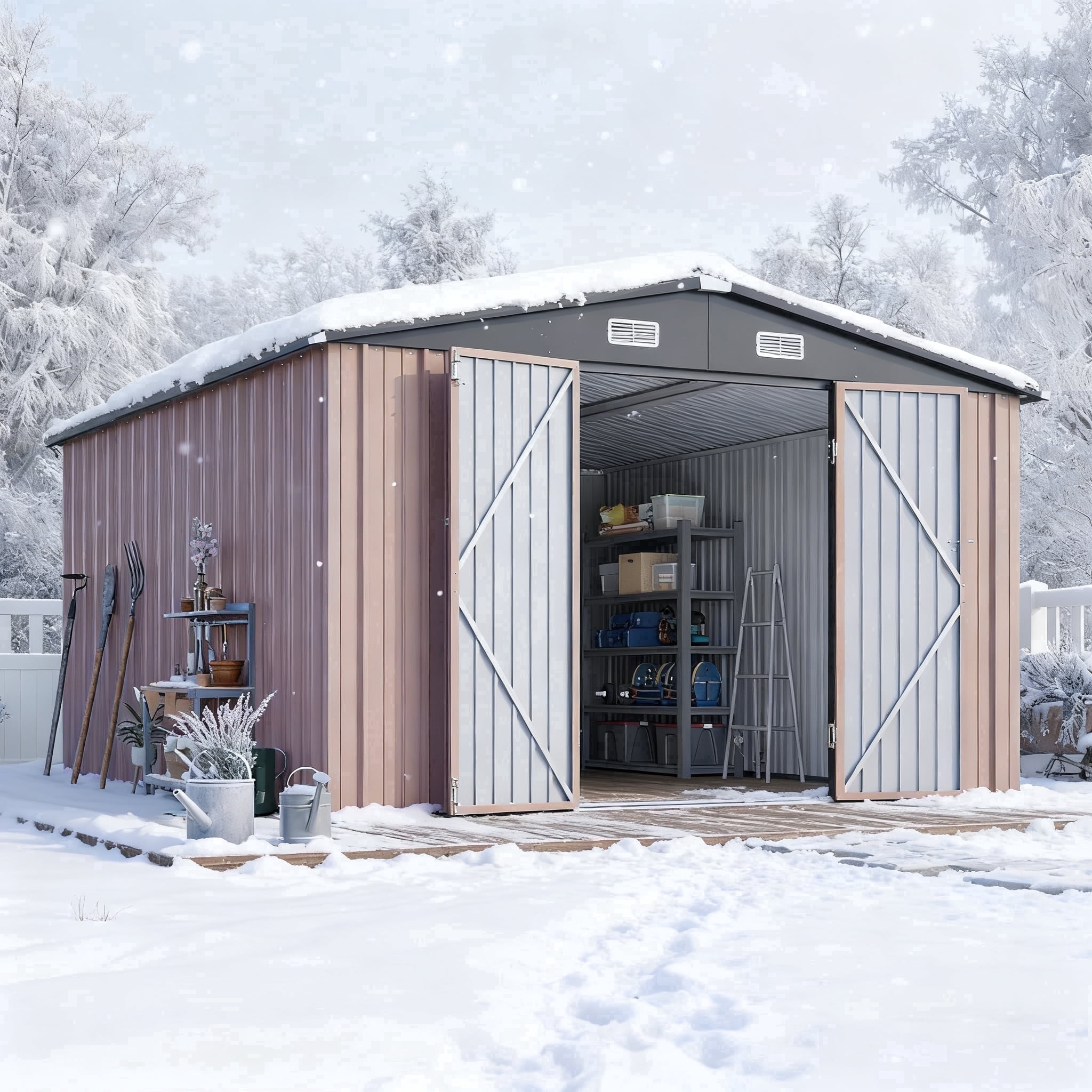 Clouddwell Outdoor Storage Shed, Heavy-Duty Metal Garden Utility Building with Lockable Double Doors and Sloped Roof (Brown, 10 ft x 12 ft) 5u1zr
