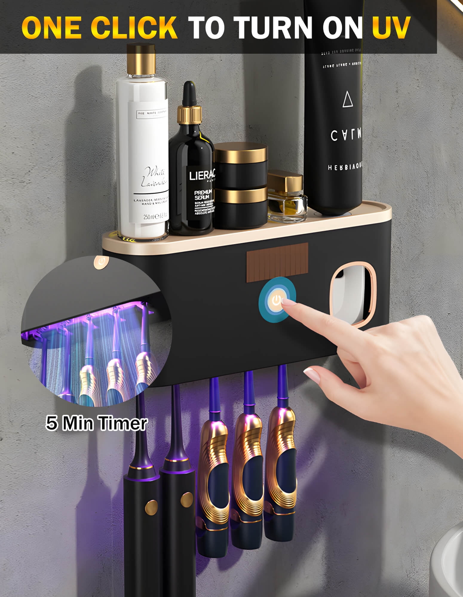 Sentryse UV Toothbrush Sanitizer Wall Mounted Holder with Automatic Toothpaste Dispenser (Black, 8.66 x 2.32 x 3.62 in) 7vnzl