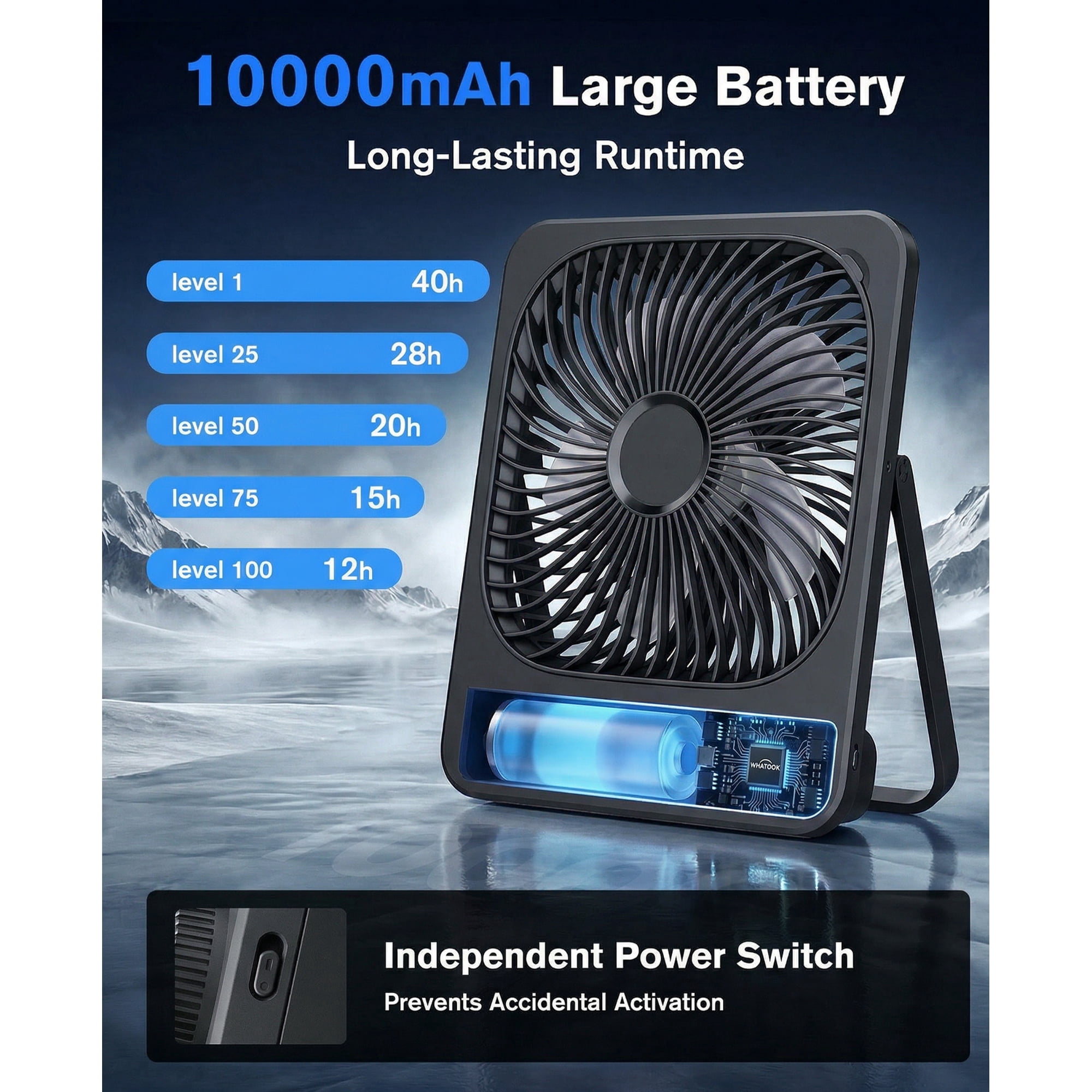 Henotian Portable Desk Fan, Rechargeable Battery Operated Cooling Fan with 100 Speed Settings, 180° Tilt Folding Design (Black, 8 in) j8wvv