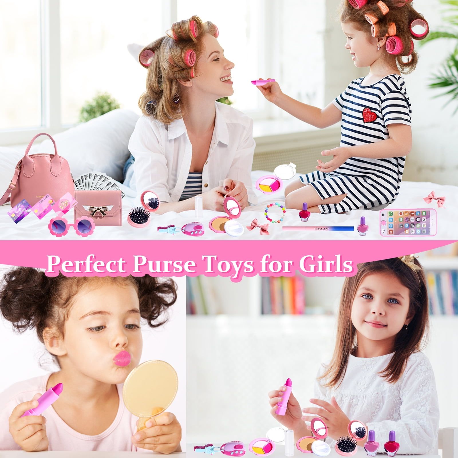 TiokMc Princess Play Purse Set, Pretend Makeup and Fashion Accessories for Kids (Pink, 31-Piece) qjp2q