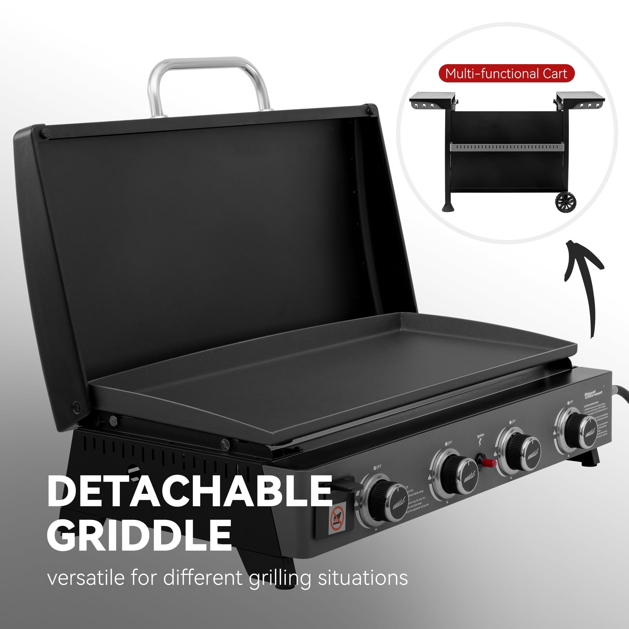 Royal Gourmet PD4001 30-Inch 4-Burner Gas Griddle with Hood and Removable Cart (Black, 389 sq. in.) mubu0