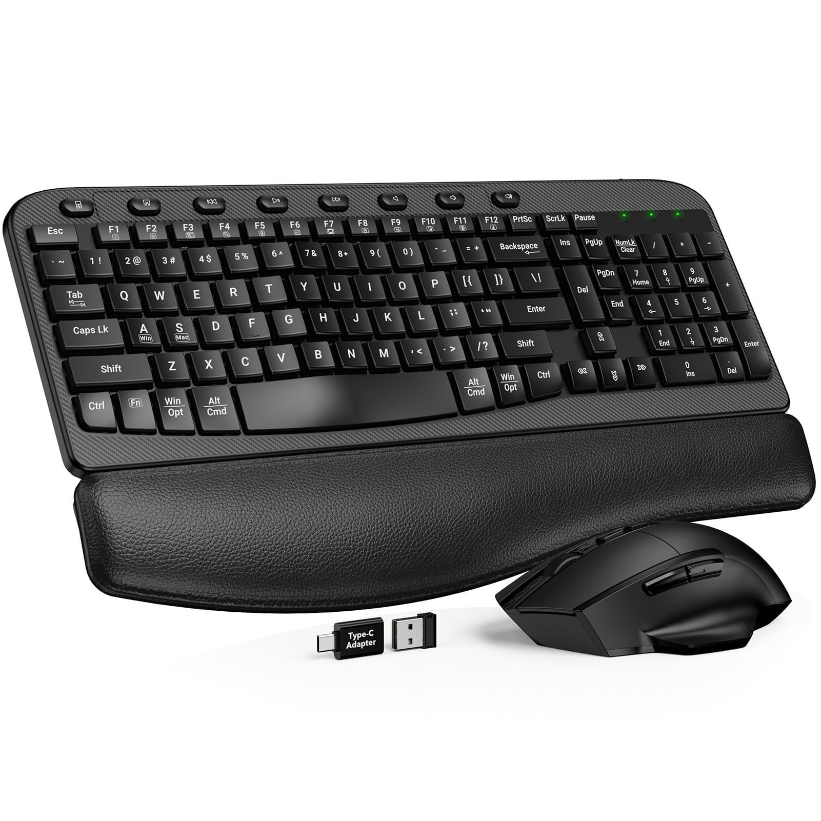 Wagpak Ergonomic Wireless Keyboard and Mouse Combo with Leather Palm Rest (Black, 1 Set) 1agds