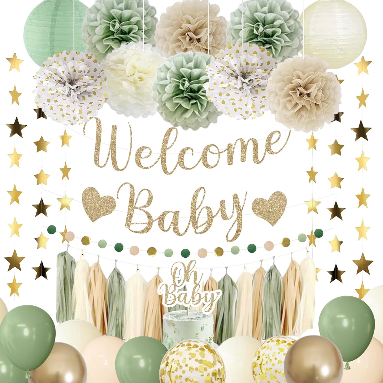 Song Yu Sage Green Baby Shower Decorations Set (Neutral Party Supplies, 50-Piece Kit) 60hrx