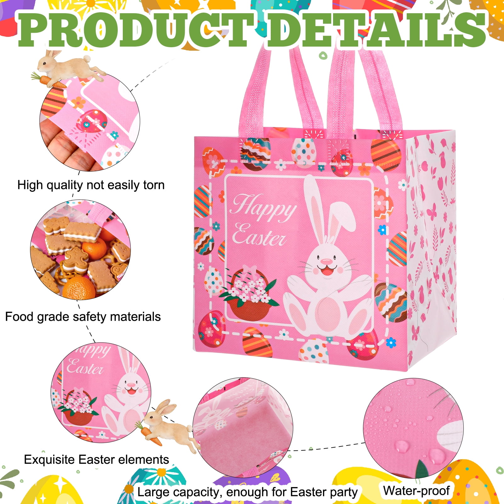 sixwipe Easter Non-woven Gift Bags with Handles, Reusable Bunny Treat Bags for Egg Hunts (Blue, 16 Pack, 8.27 x 7.87 x 5.9 in) mbilk