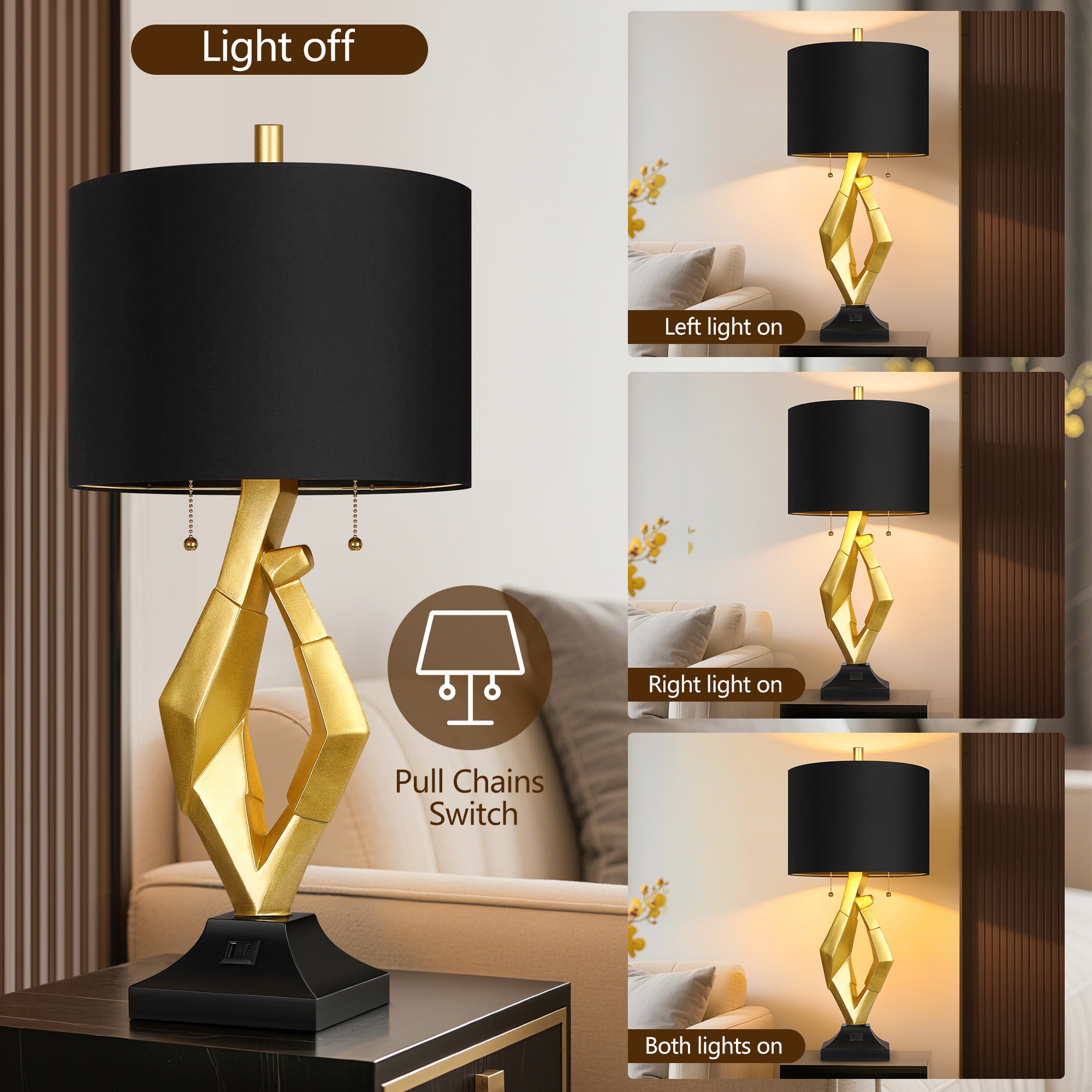 SparkGlowy Contemporary Resin Table Lamps with USB Charging Ports and Black Shades (Gold, 25.5 in) jw9tf