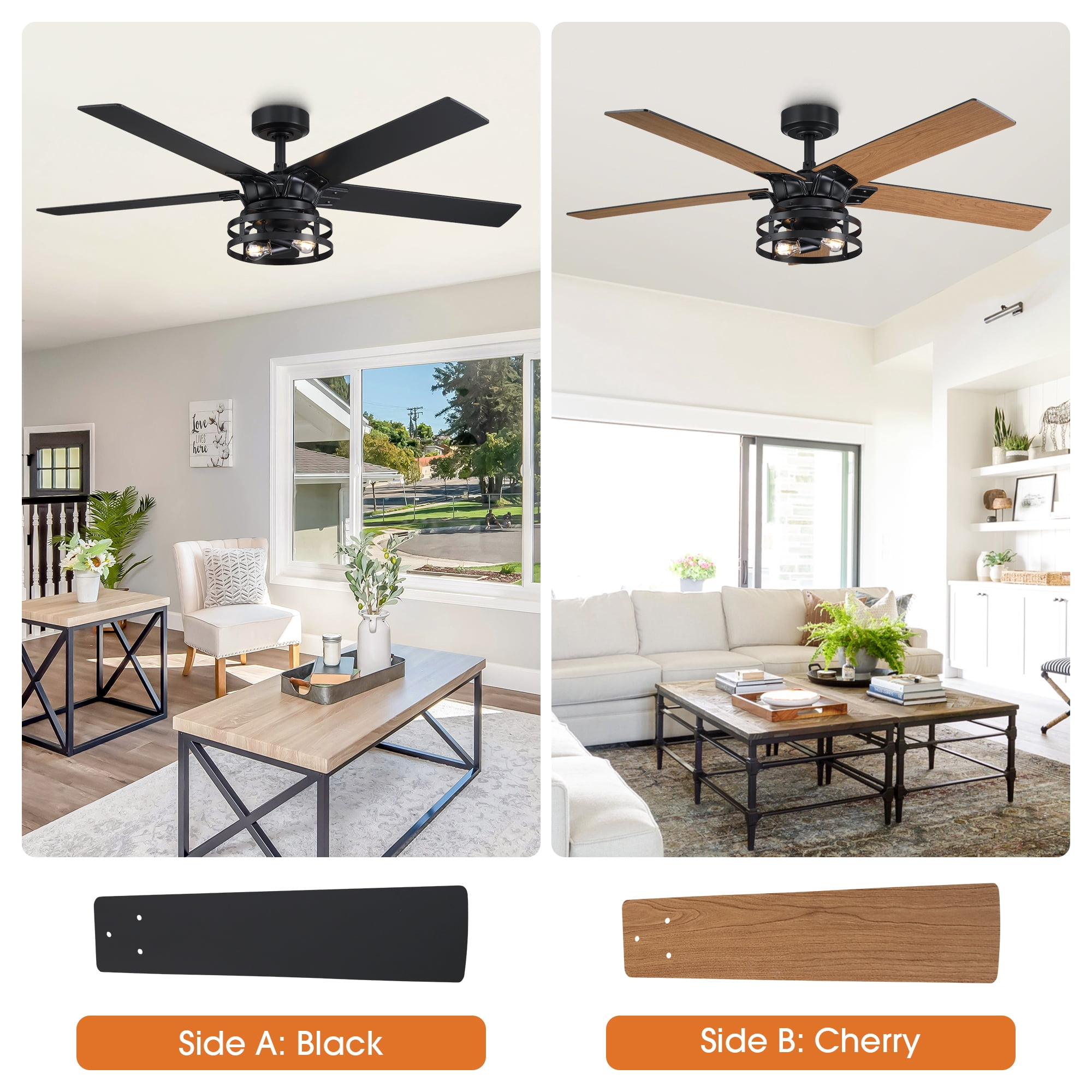 Parrot Uncle 52 in Farmhouse Caged Ceiling Fan with Remote and Light Kit (Black and Cherry, 52 in) lfe88