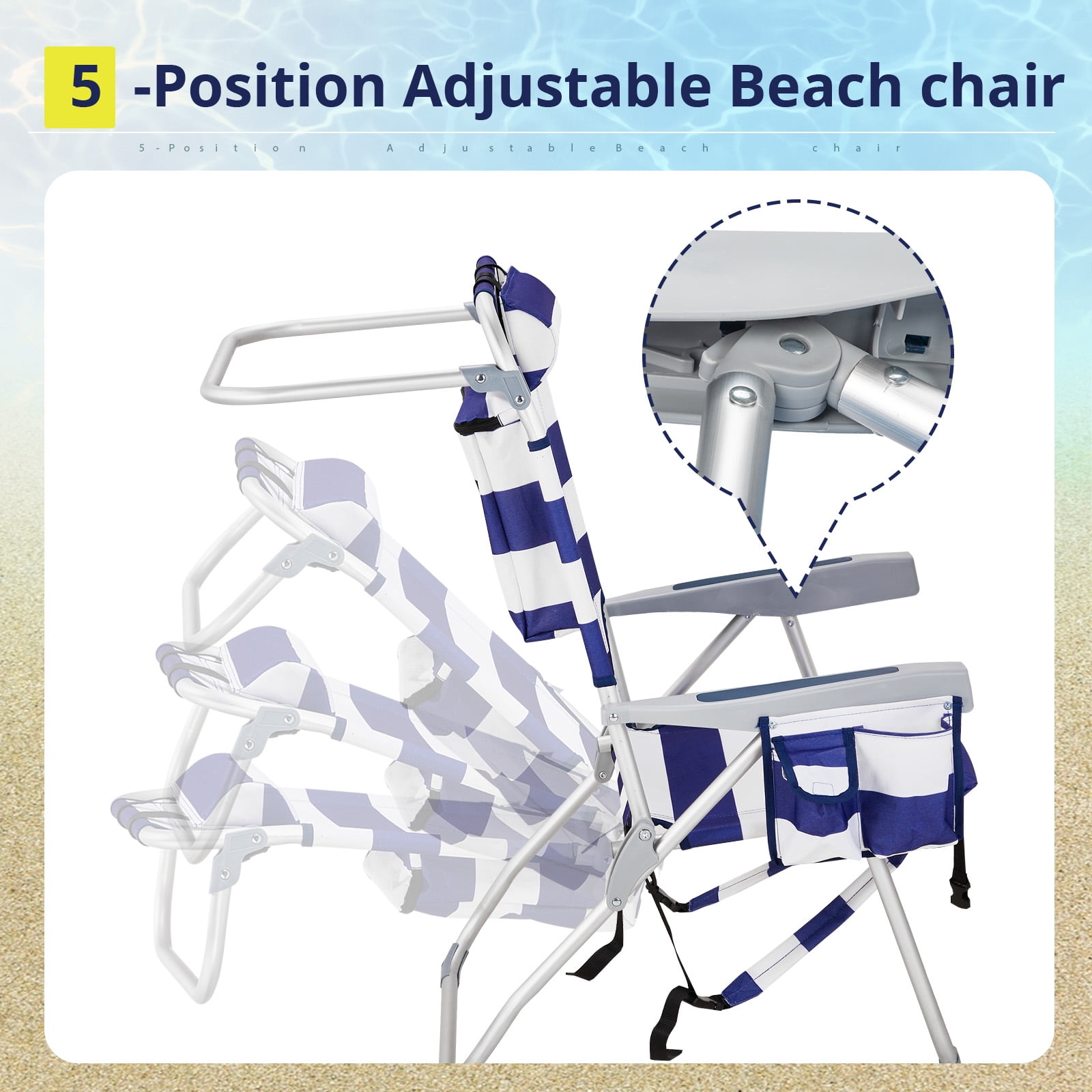 sluting Heightened Oxford Beach Chair with Adjustable Backrest (Blue Stripes, 24.8 in x 27.6 in x 39 in) 7tv28
