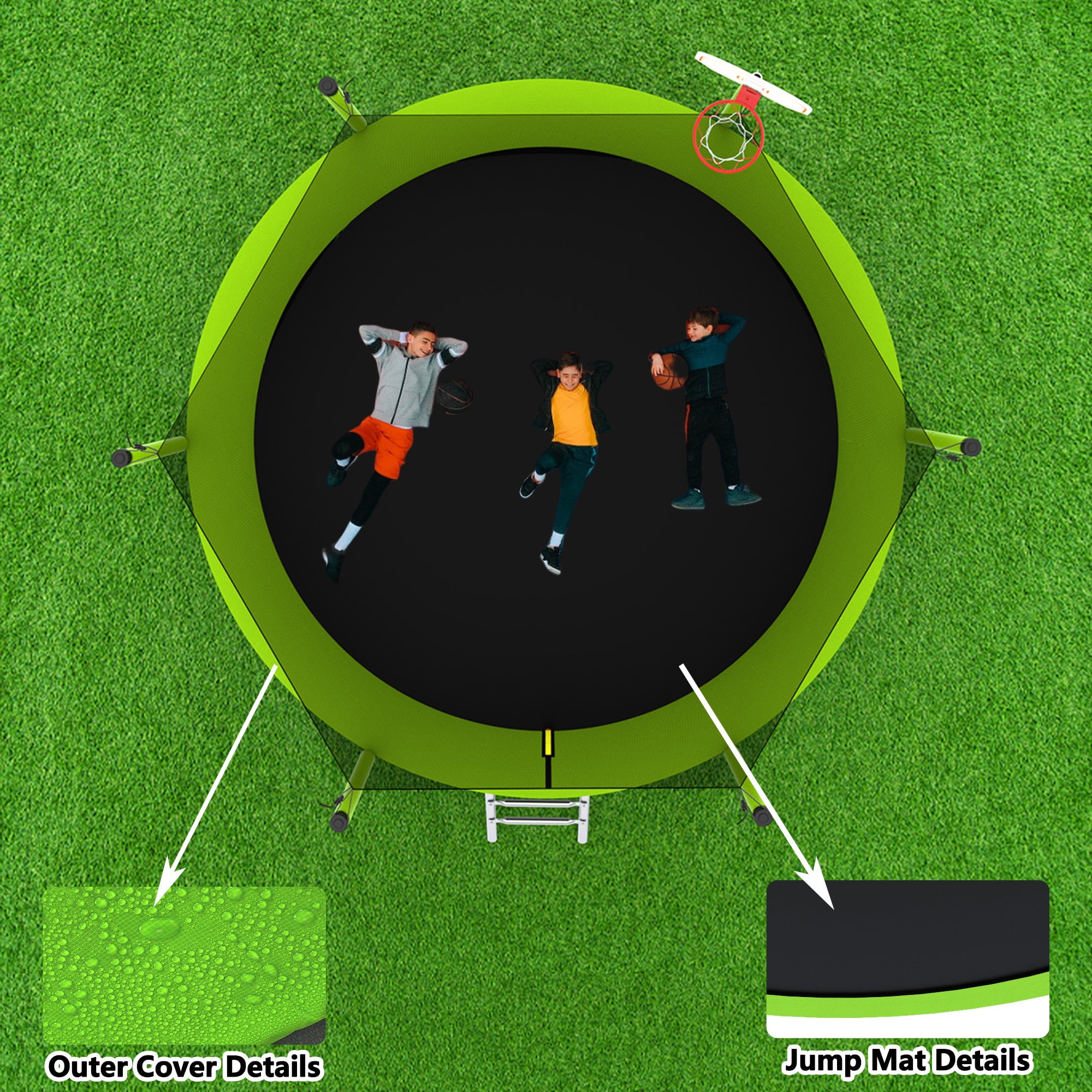 Leumius 10 ft Outdoor Trampoline for Kids with Basketball Hoop and Safety Enclosure Net (Green, 10 ft) 5ymx0