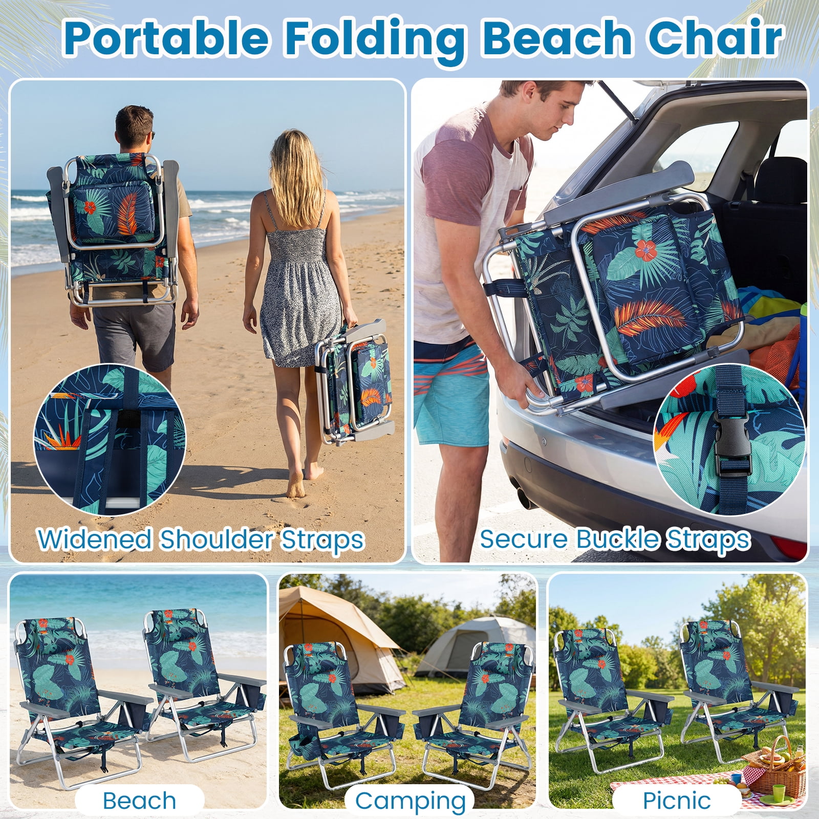 Costway Folding Beach Chairs Set of 2 with 5-Position Adjustable Backrest and Cup Holder (Tropical Leaf, 2 Pack) 1fxak