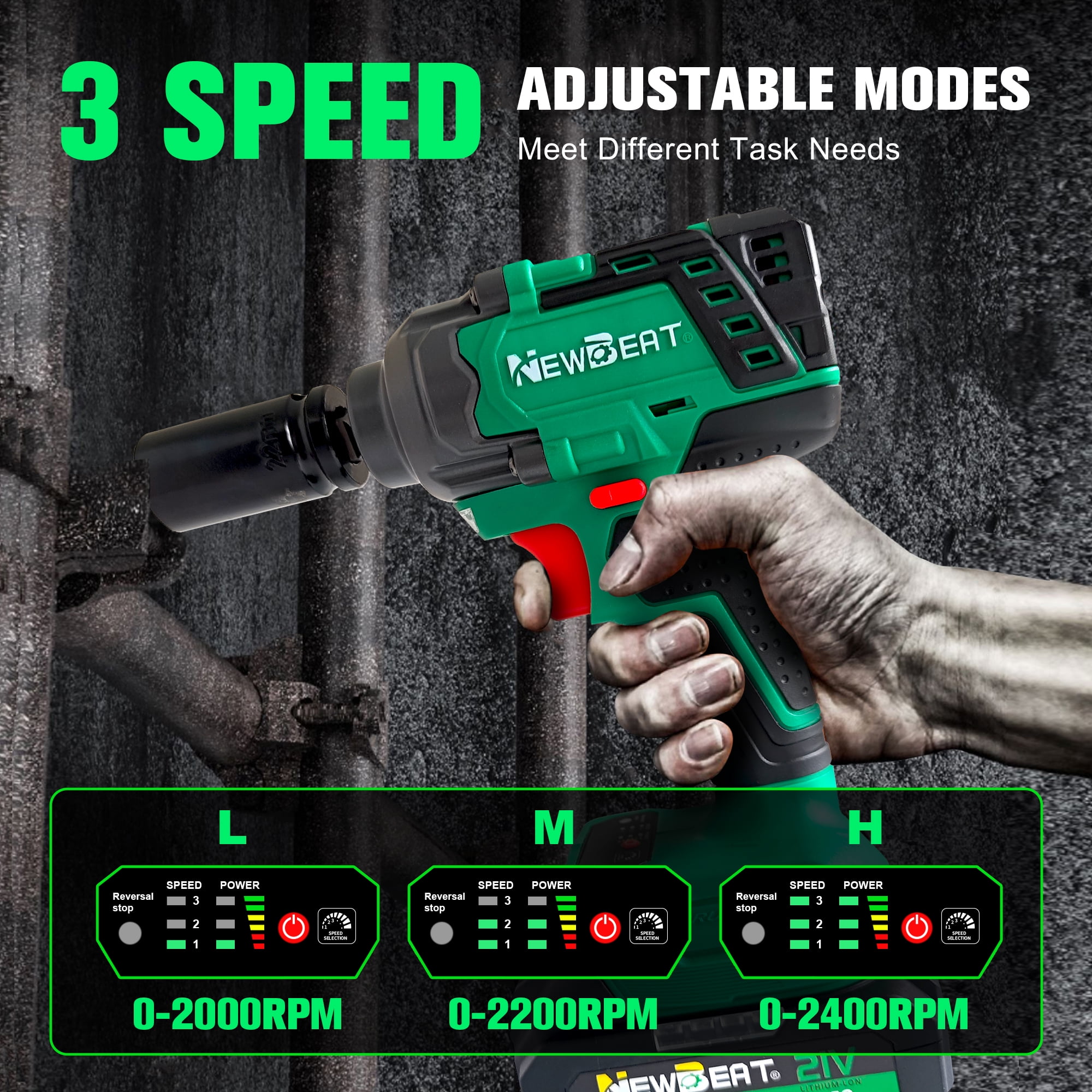 NEWBEAT Cordless Impact Wrench Set, 1/2 in Brushless Power Tool, 405 ft-lb Torque, Variable Speed for Automotive and Home DIY (Green, 1 Set) wlhxu