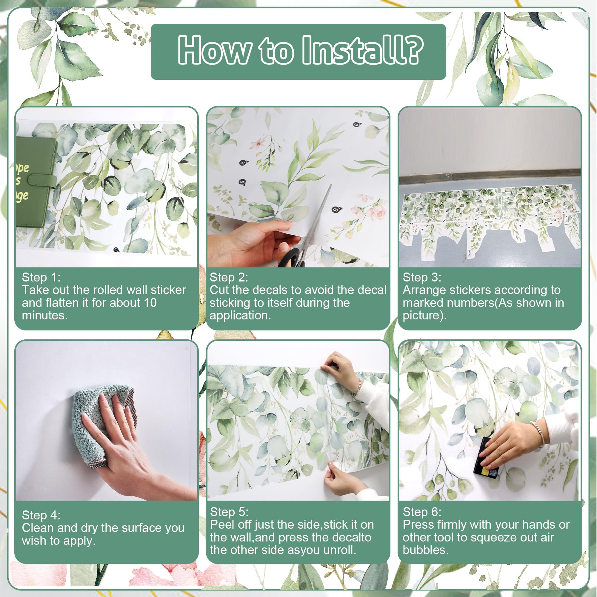 Neasyth Watercolor Floral Wall Decals, Peel and Stick Hanging Leaf Plant Giant Wall Stickers for Bedroom and Living Room (Green, 3 Sheets) nkj7n