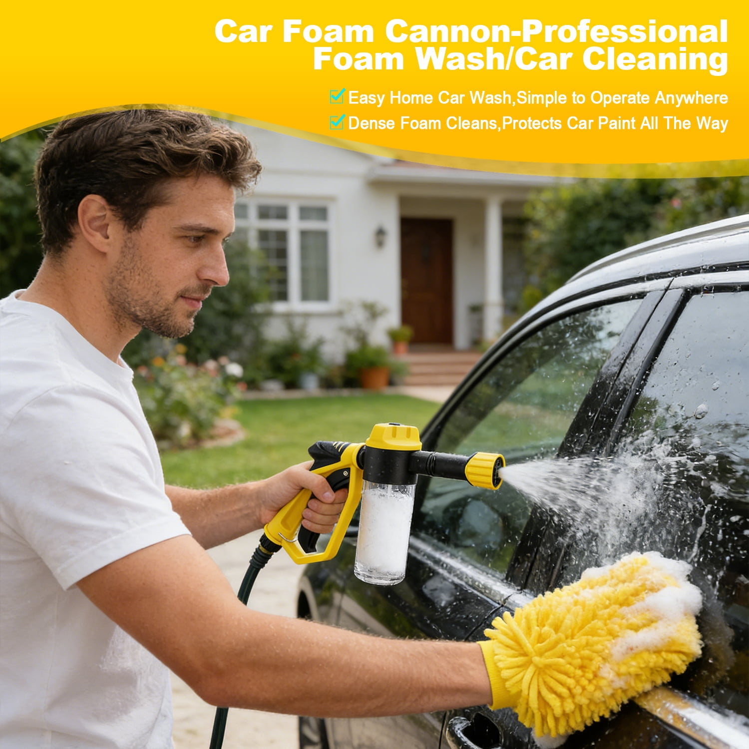 AJIUSIR Adjustable High Pressure Foam Gun Car Wash Kit with Microfiber Wash Mitt (Yellow, 1 Pack) fbw1b