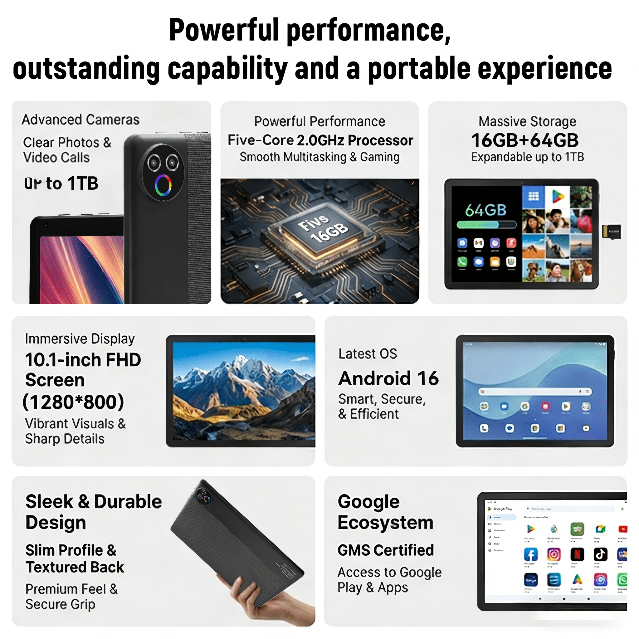 BESTSKI 10-Inch Android Tablet, High-Performance Octa-Core Processor, 16GB RAM 32GB ROM, 1TB Expandable Storage (Black, 10 in) xkoki