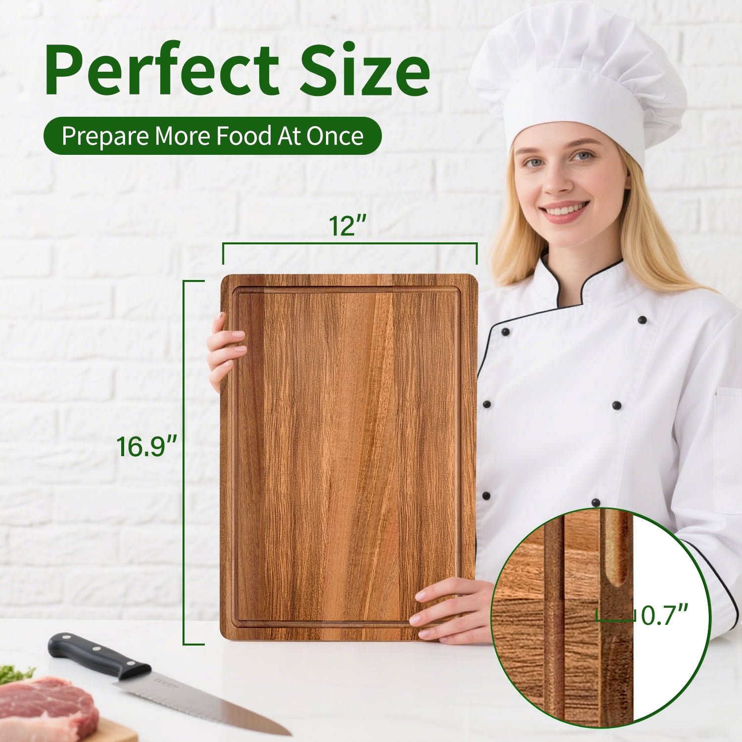 TINANA Acacia Wood Cutting Board, Heavy-Duty Butcher Block with Deep Juice Groove (Brown, 17 x 12 in) h052i