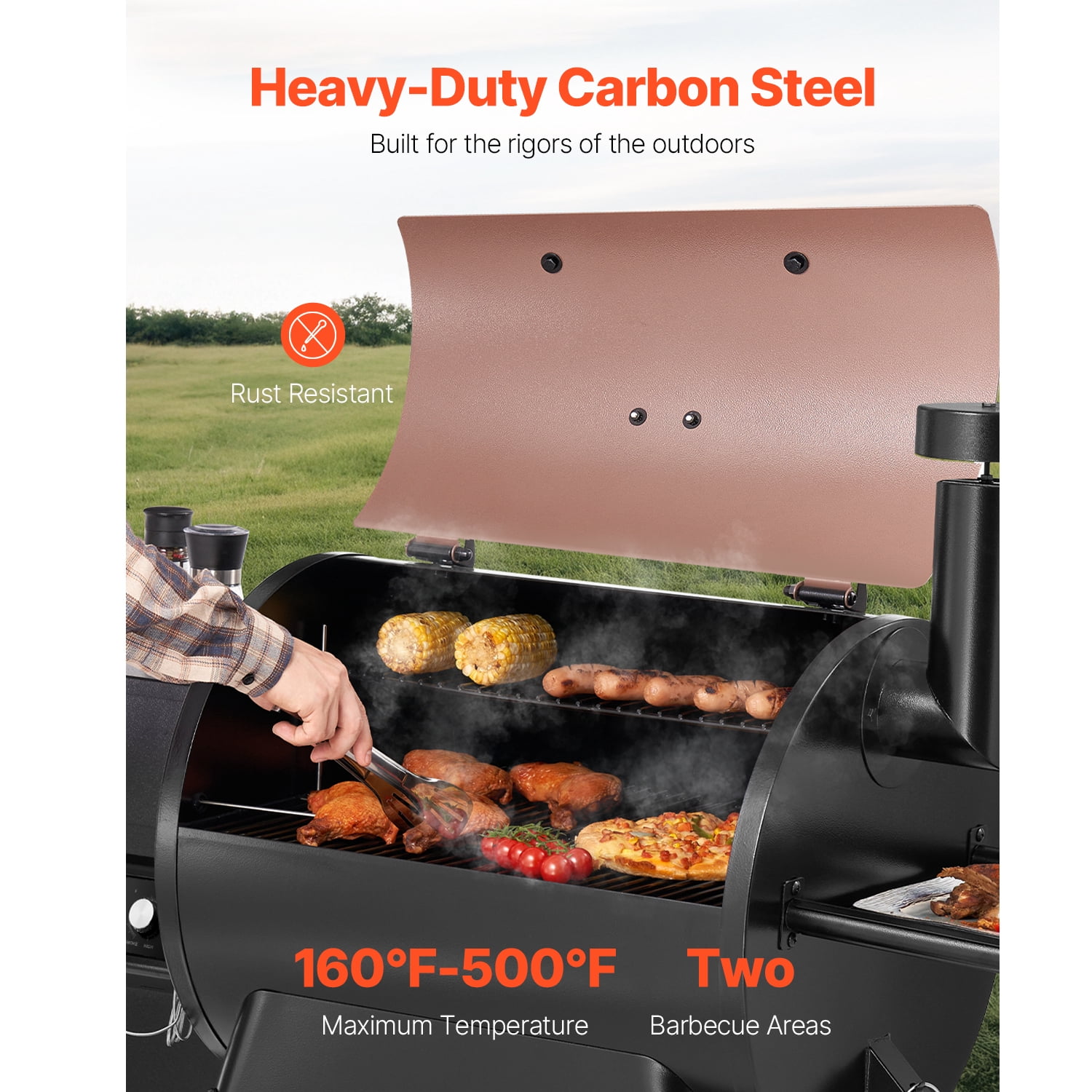 KFFKFF Wood Pellet Grill Smoker, Multifunctional Outdoor BBQ Grill with WiFi App Control (Silver, 575 sq in) 3smzn