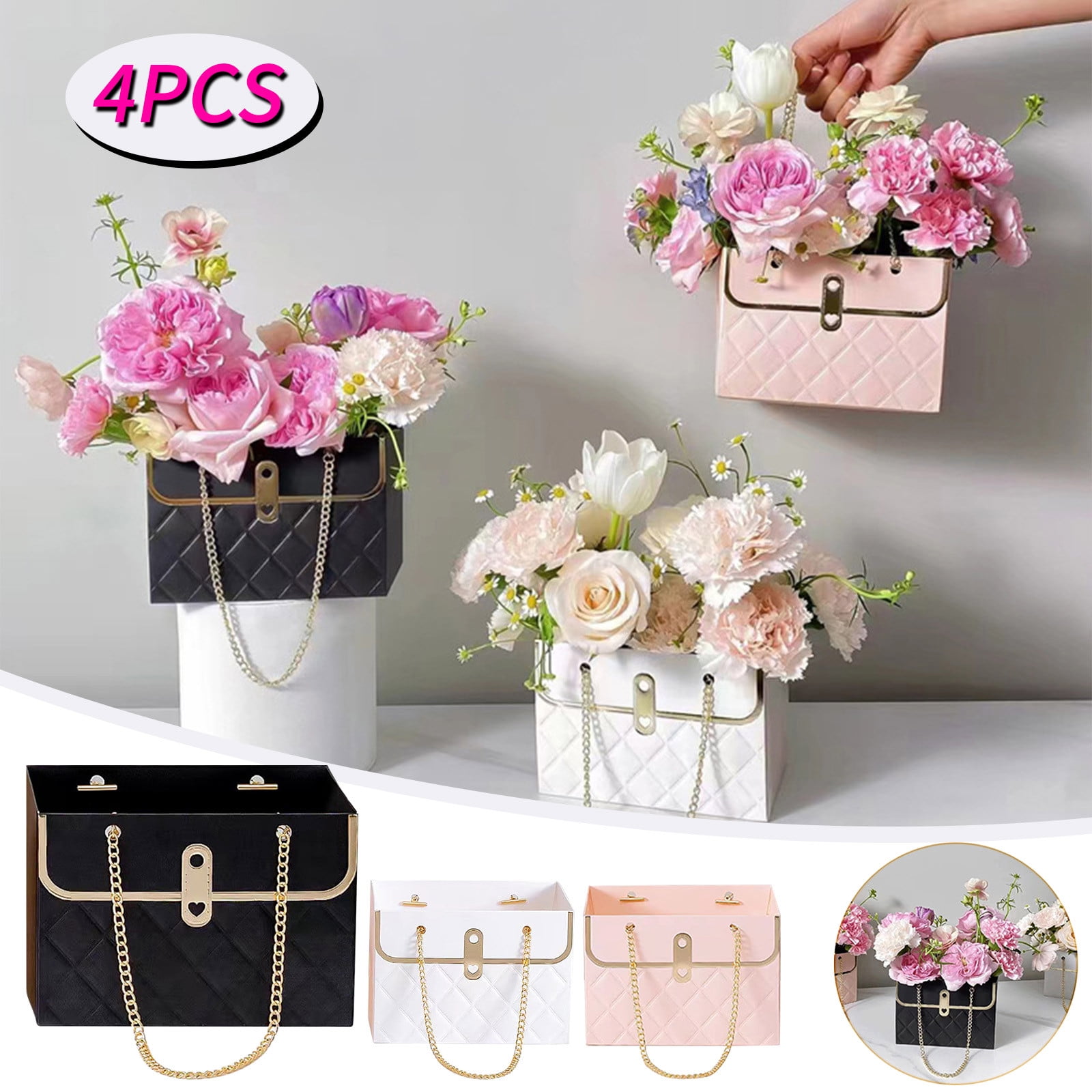 Darzheoy Flower Bouquet Gift Box with Metal Chain Handle, Decorative Florist Storage Bag for Weddings and Parties (Pink, 4 Pack) hdlmo