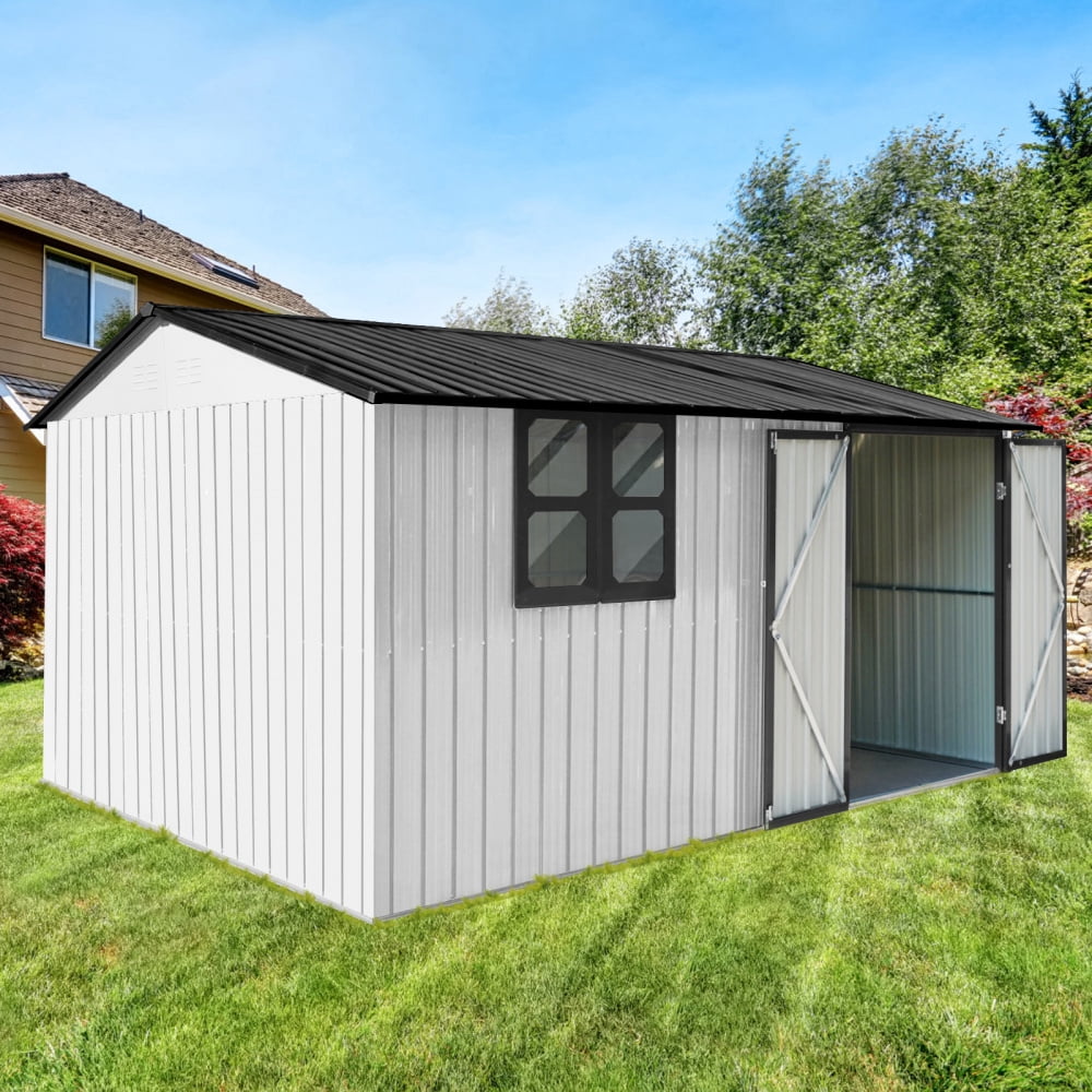 Roninkier Metal Outdoor Storage Shed with Worktable and Shelves (White and Black, 12 ft x 10 ft) 3q59c