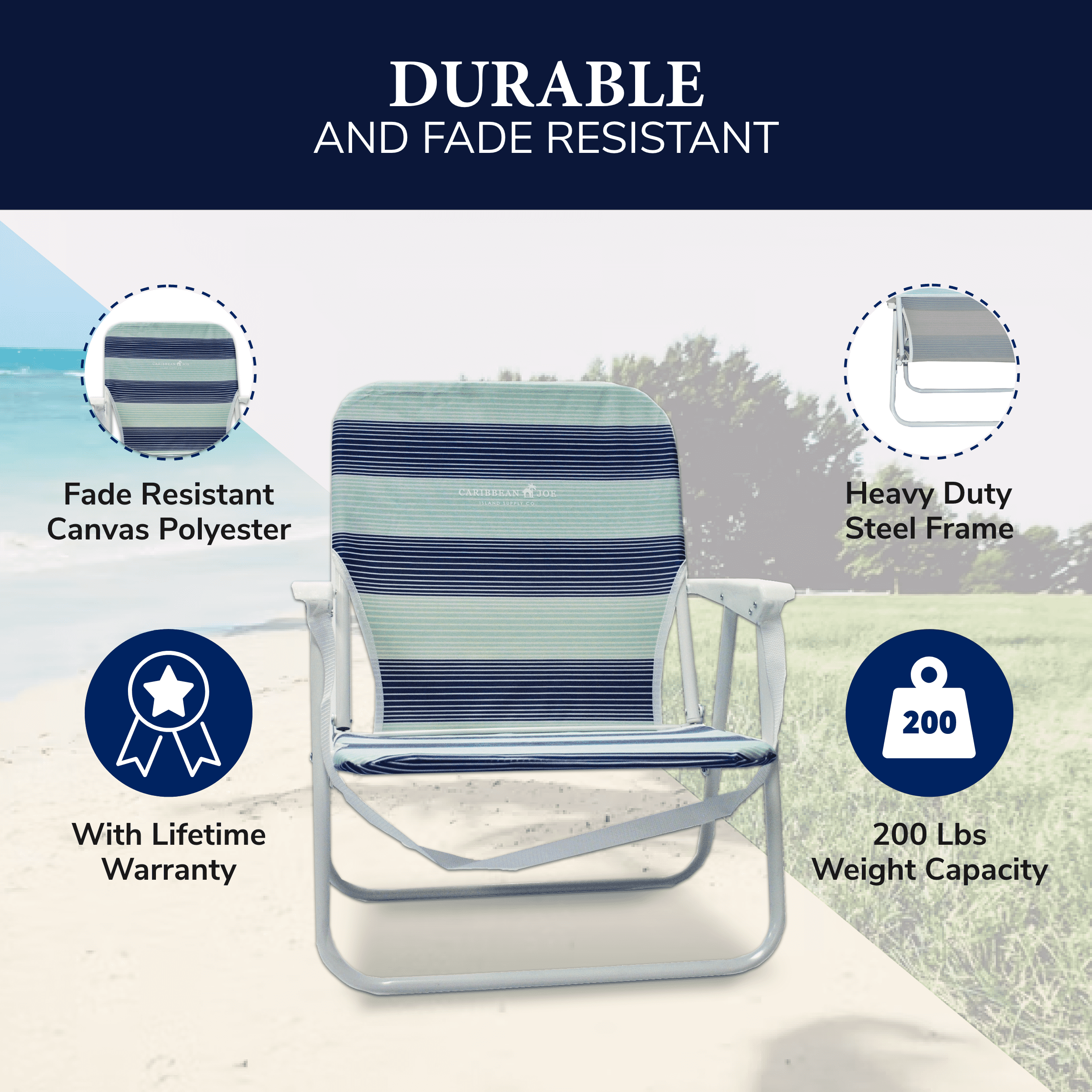 Caribbean Joe Folding Beach Chair, Lightweight Portable Outdoor Seat with Armrests (Blue, 200 lb Capacity) pwu7w