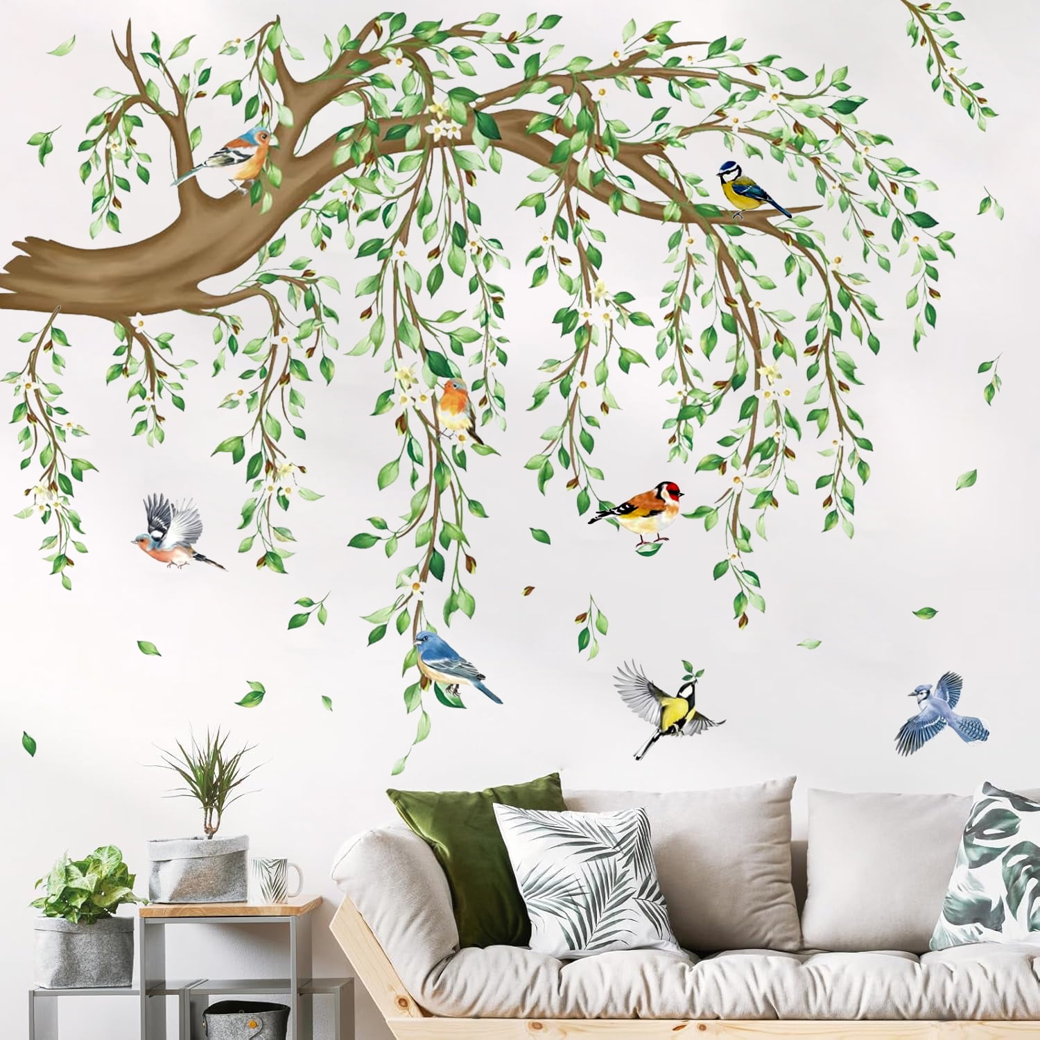 Style-Carry Hanging Vine Wall Decals, Tree Branch Green Leaf Flower Bird Stickers for Living Room Bedroom Decor (Green, 4 Sheets, 11.8 in x 35.4 in) 18n8g
