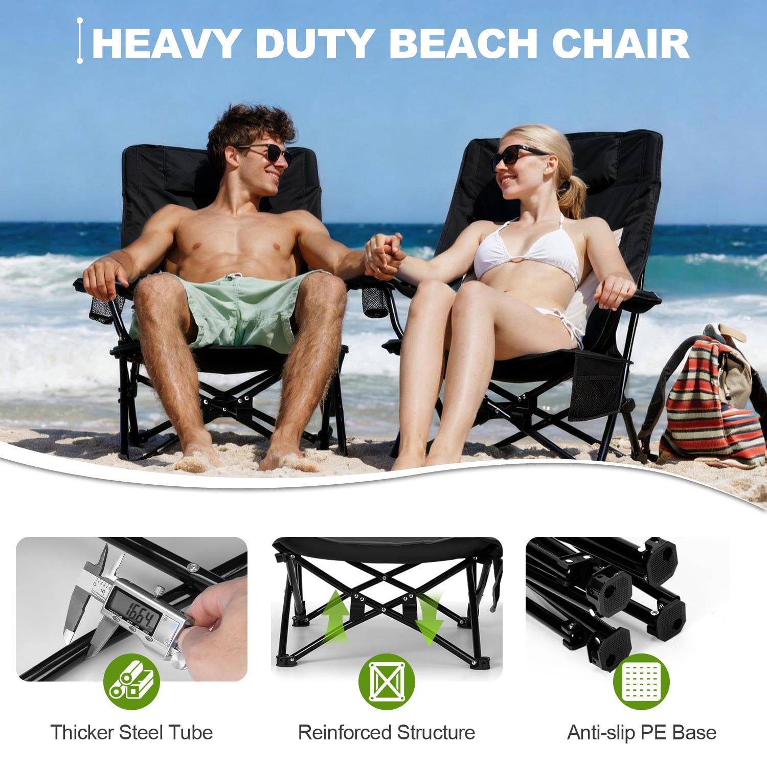 Walchoice Low Beach Chair, Heavy Duty Folding Camping Chair with High Back, Detachable Pillow, and Cup Holder (Black, 30.7 in Wide Seat) appdq