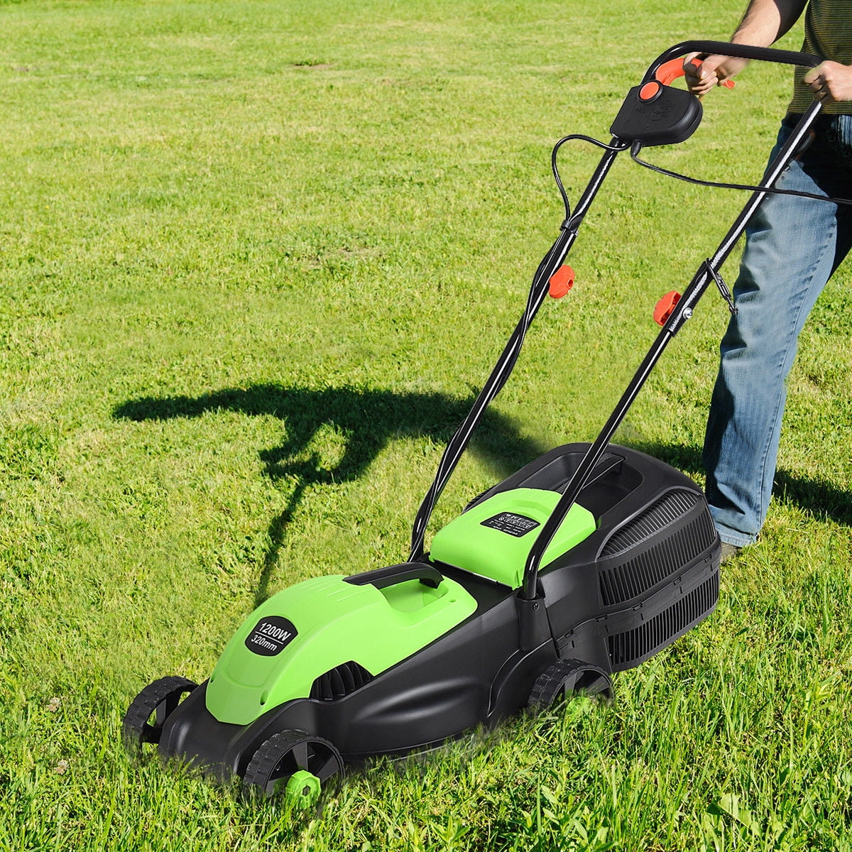 Costway 12 Amp Electric Corded Lawn Mower with Grass Catcher (Green, 14-inch Cutting Width) 3h3zk