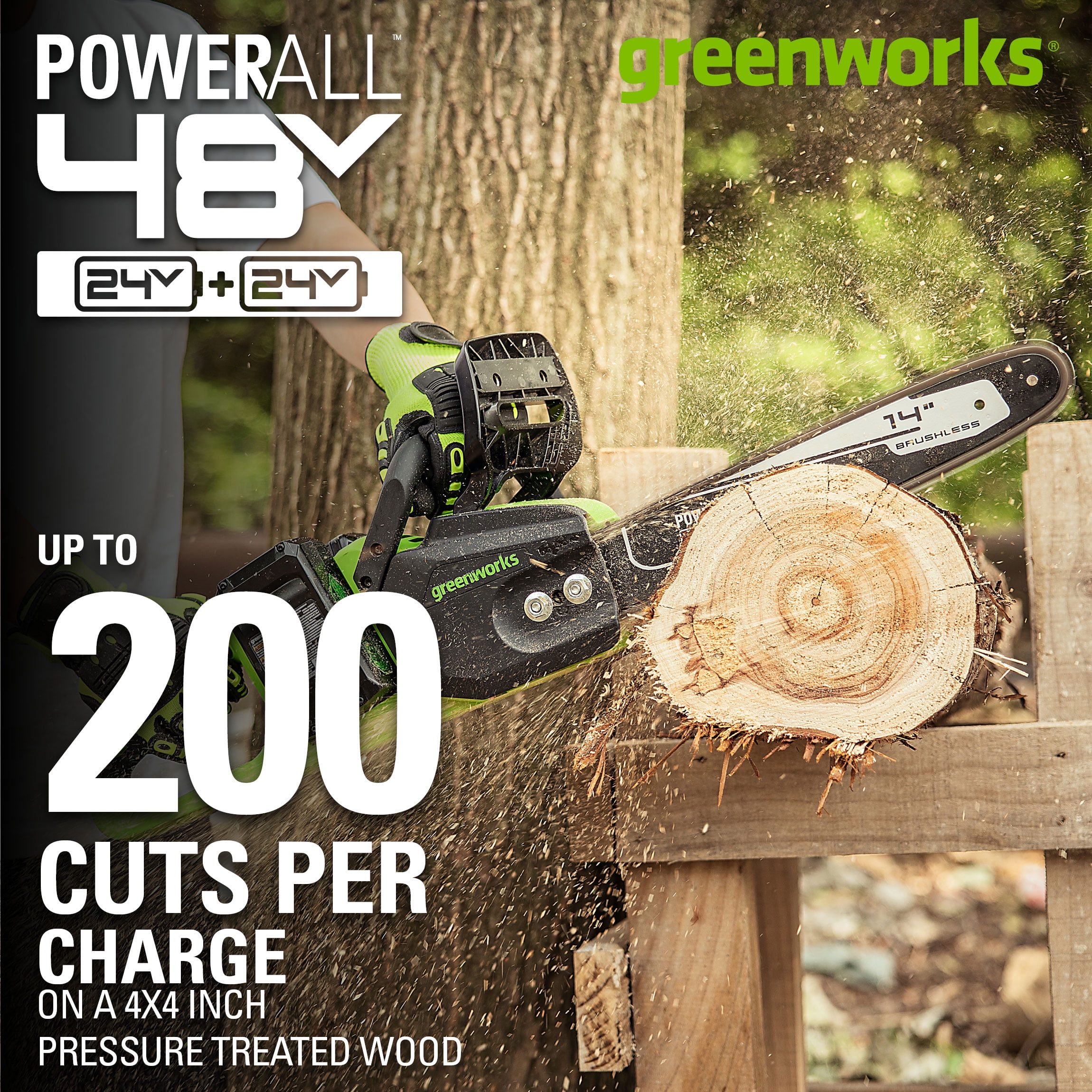 Greenworks 48V Cordless Brushless Chainsaw with (2) 4Ah Batteries and Dual Port Charger (14 in) 8ecq5