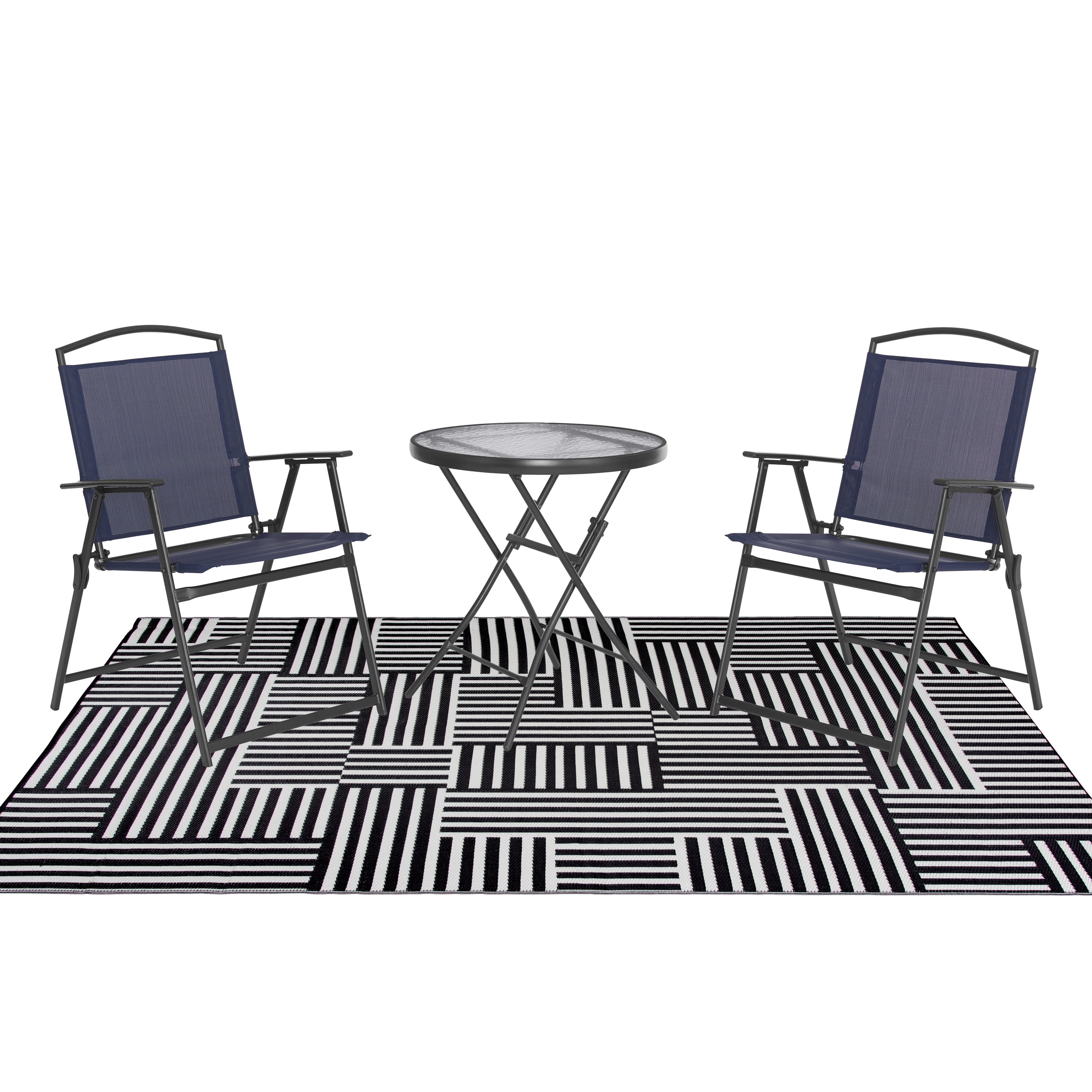 Mainstays Block Stripe Outdoor Rug Fade Resistant Easy Care (Black and White, 7 ft x 10 ft) qo30b