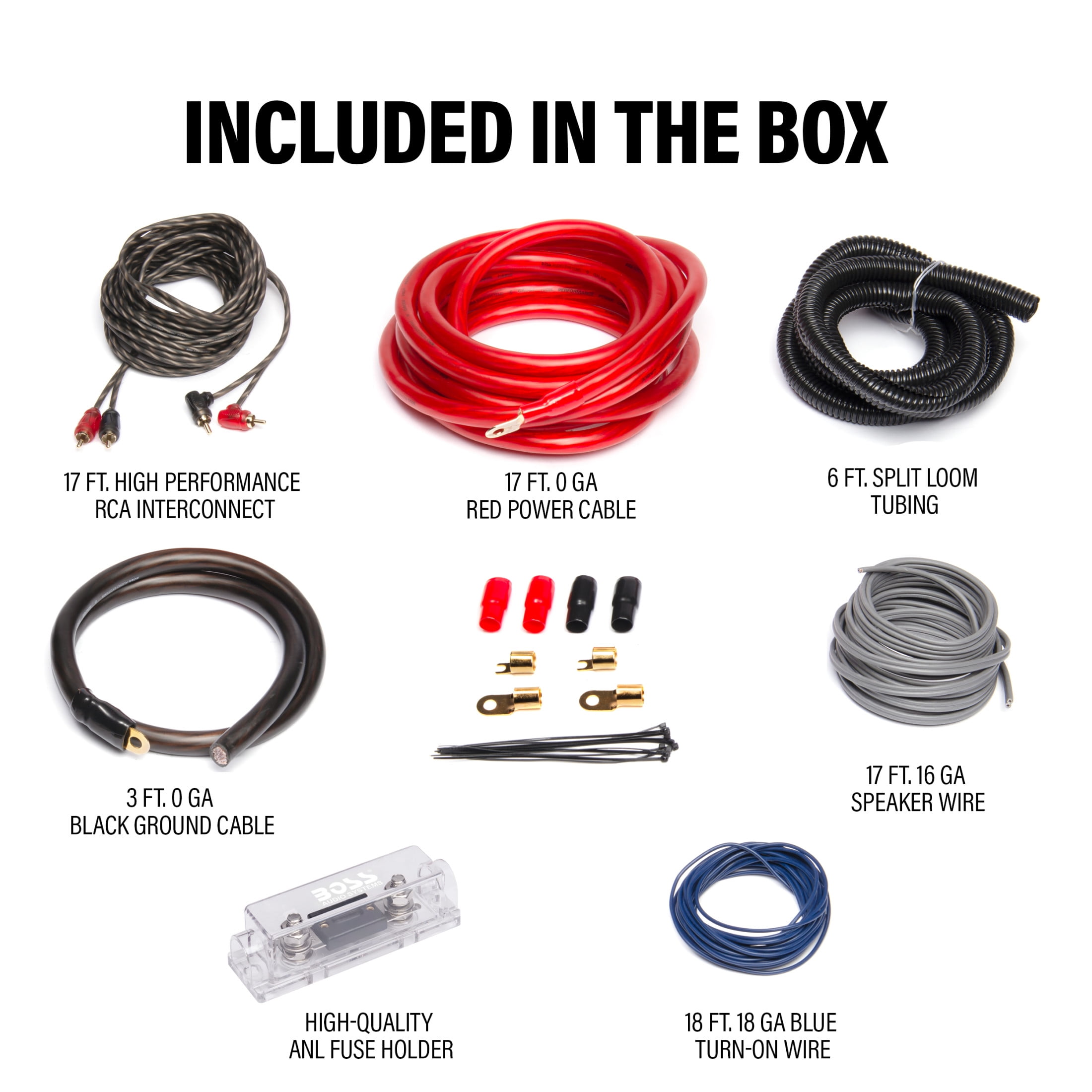 BOSS Audio Systems KIT20 0 Gauge Car Amplifier Installation Wiring Kit (Complete Set, 17 ft Power Cable) hbf4o