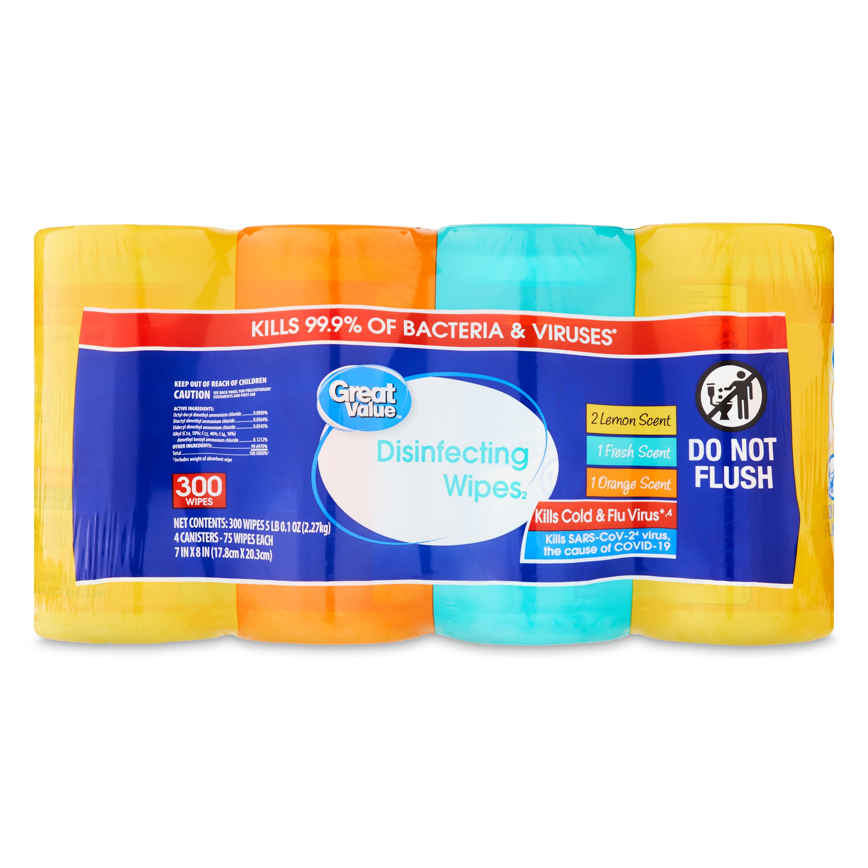 Great Value Disinfecting Wipes, Multi-Surface Cleaning Wipes (Lemon, Fresh, Orange, 300 Count, 4 Pack) gz9kd