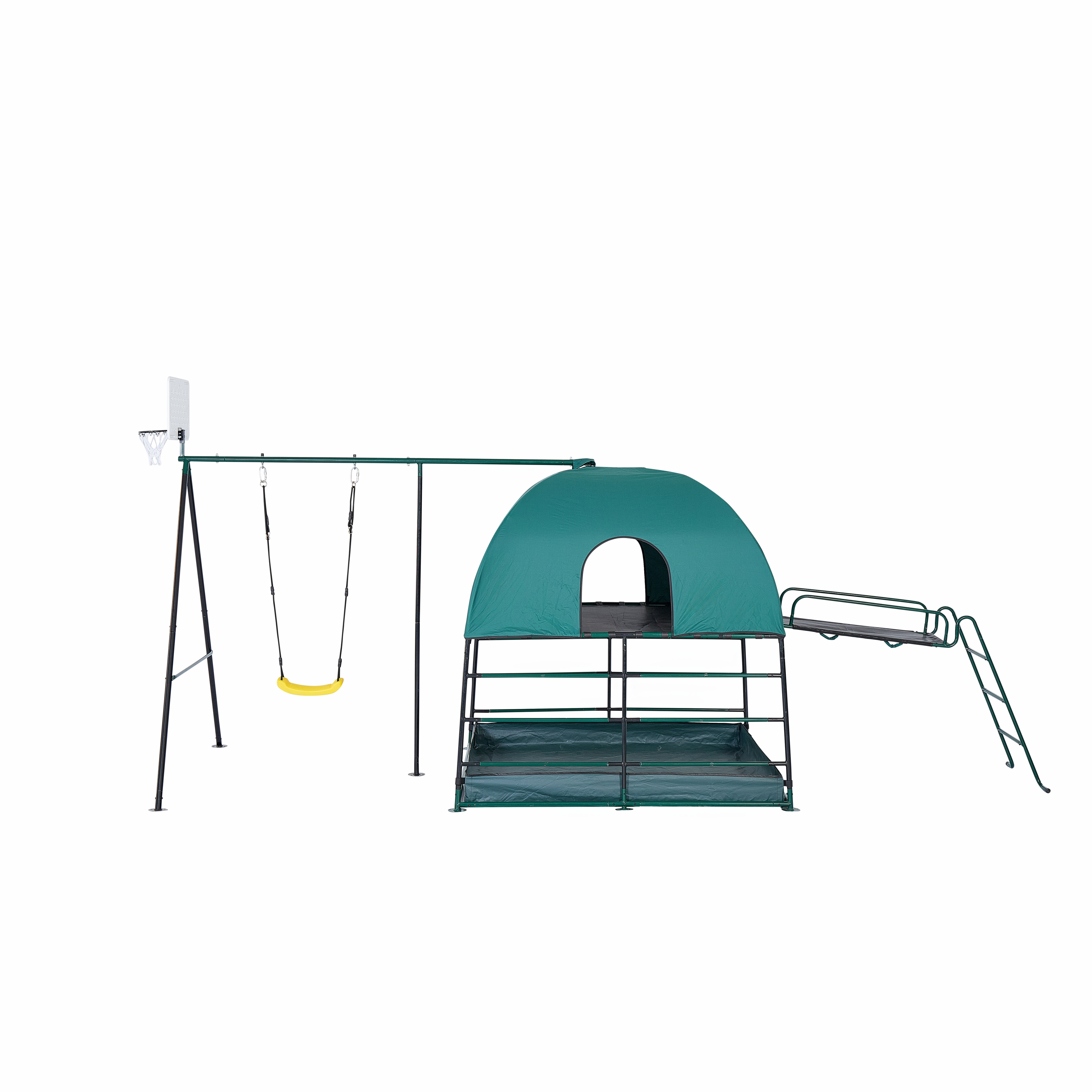 JumpKing Ultimate Adventure Playset, 5-Station Indoor & Outdoor Climbing Den with Swing and Basketball Hoop (Green) wqacy