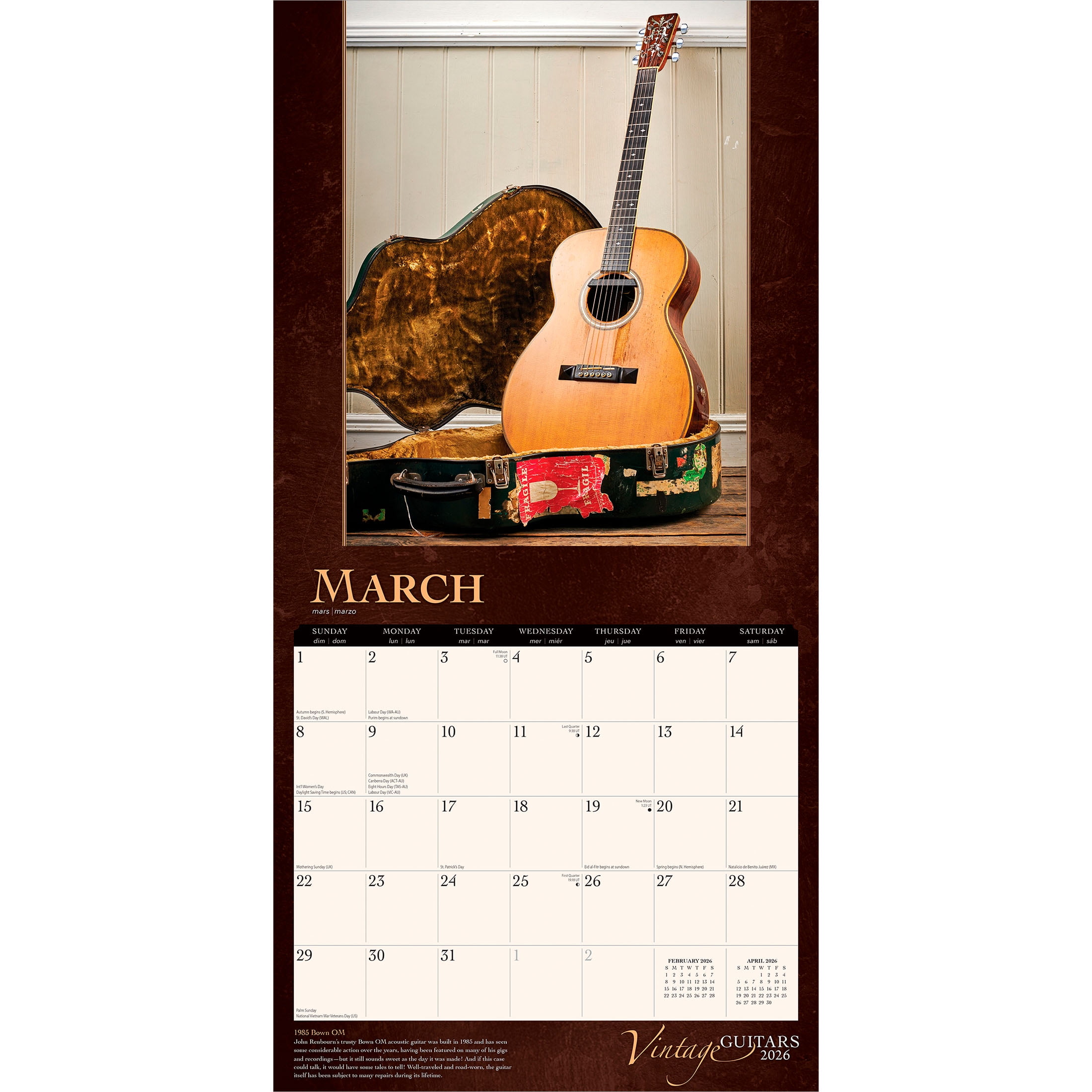 BrownTrout Vintage Guitars 2026 Wall Calendar, Hanging Square Monthly Planner (12 in x 24 in) vm55w