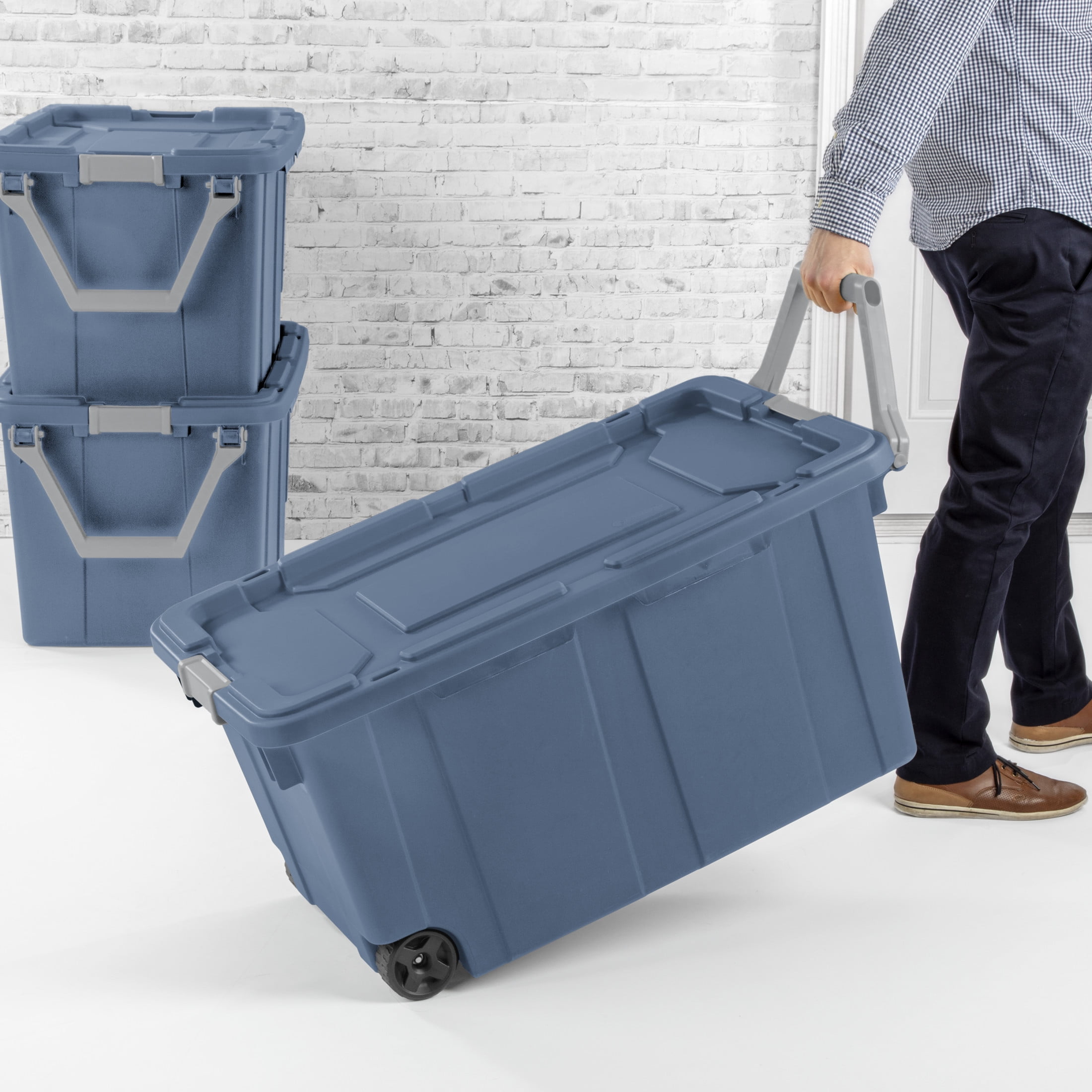 Sterilite Industrial Wheeled Storage Bin, Heavy-Duty Plastic Tote with Latching Lid and Pull Handle (Blue, 40 Gallon, 2 Pack) 1srgn