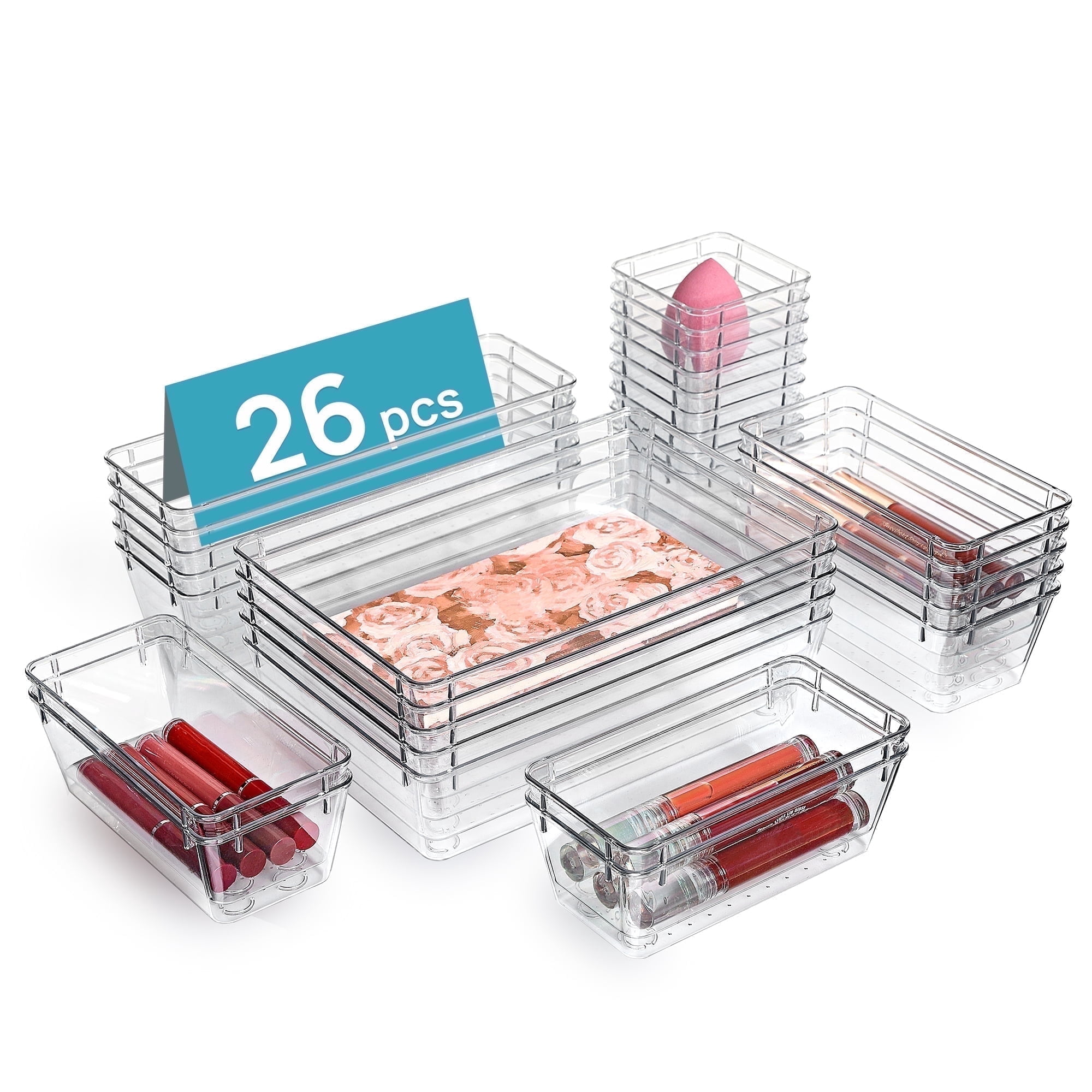 Sindcom 26 PCS Clear Plastic Stackable Organizer Bins for Makeup and Vanity (Clear, 26 Piece Set) l36kk