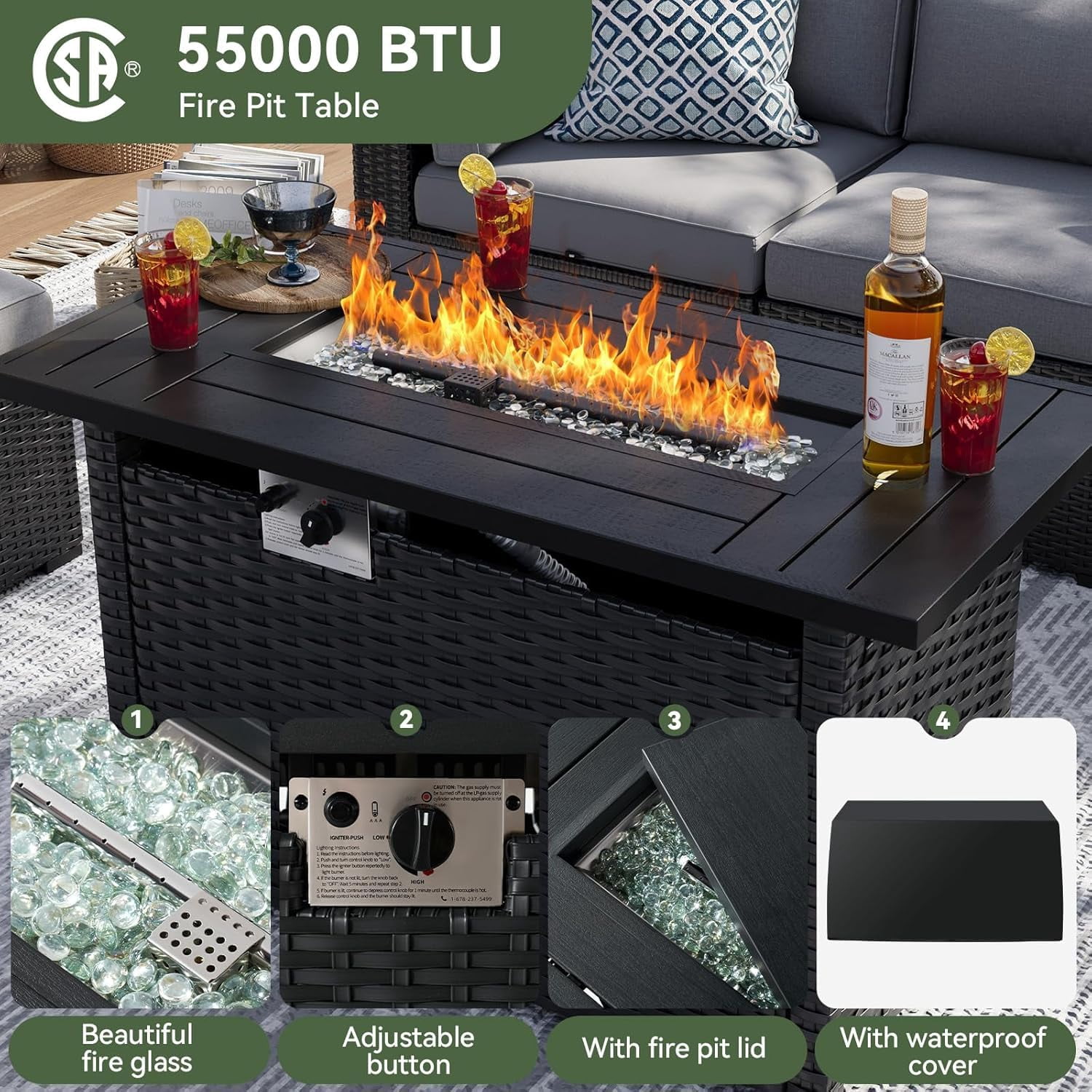 Aoxun 8-Piece Patio Furniture Set with 44 in Fire Pit Table, Wicker Rattan Sectional Sofa with Thickened Cushions (Grey) axdik
