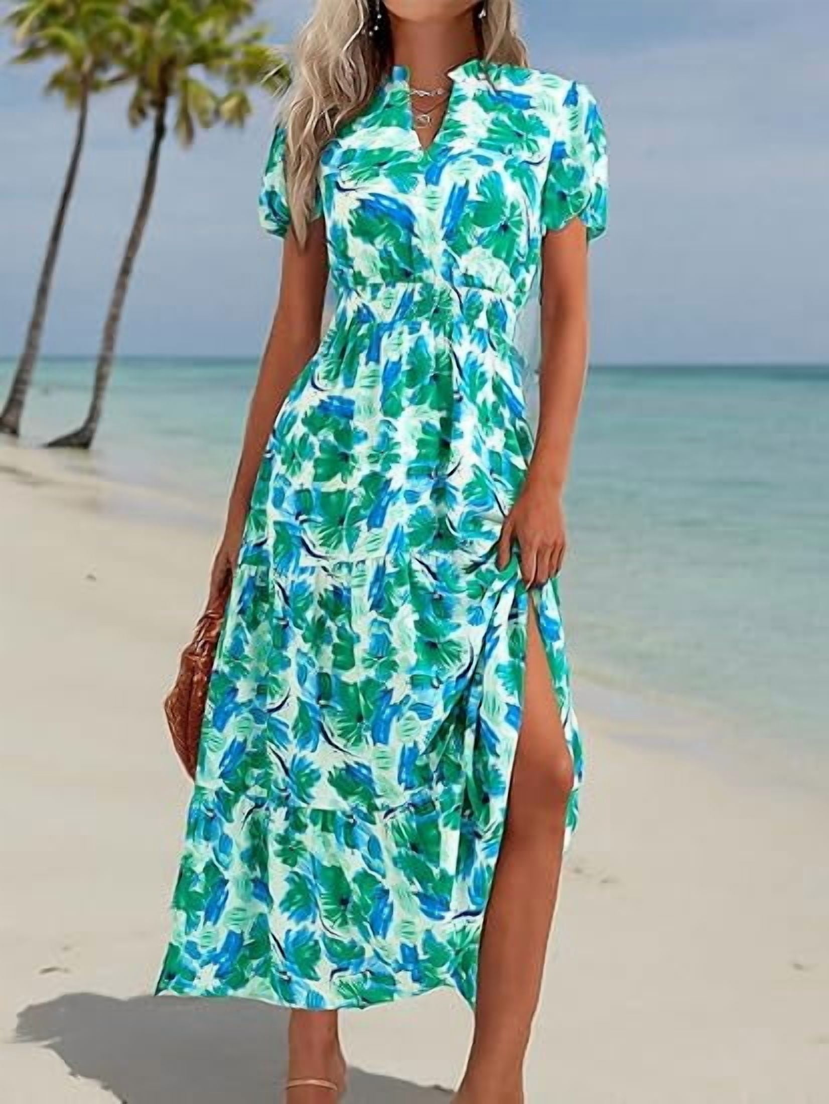 PRETTYGARDEN Women's Floral Maxi Dress V Neck Puff Sleeve Smocked Ruffle Flowy Boho Beach Dress (Green, XL) x0nsf