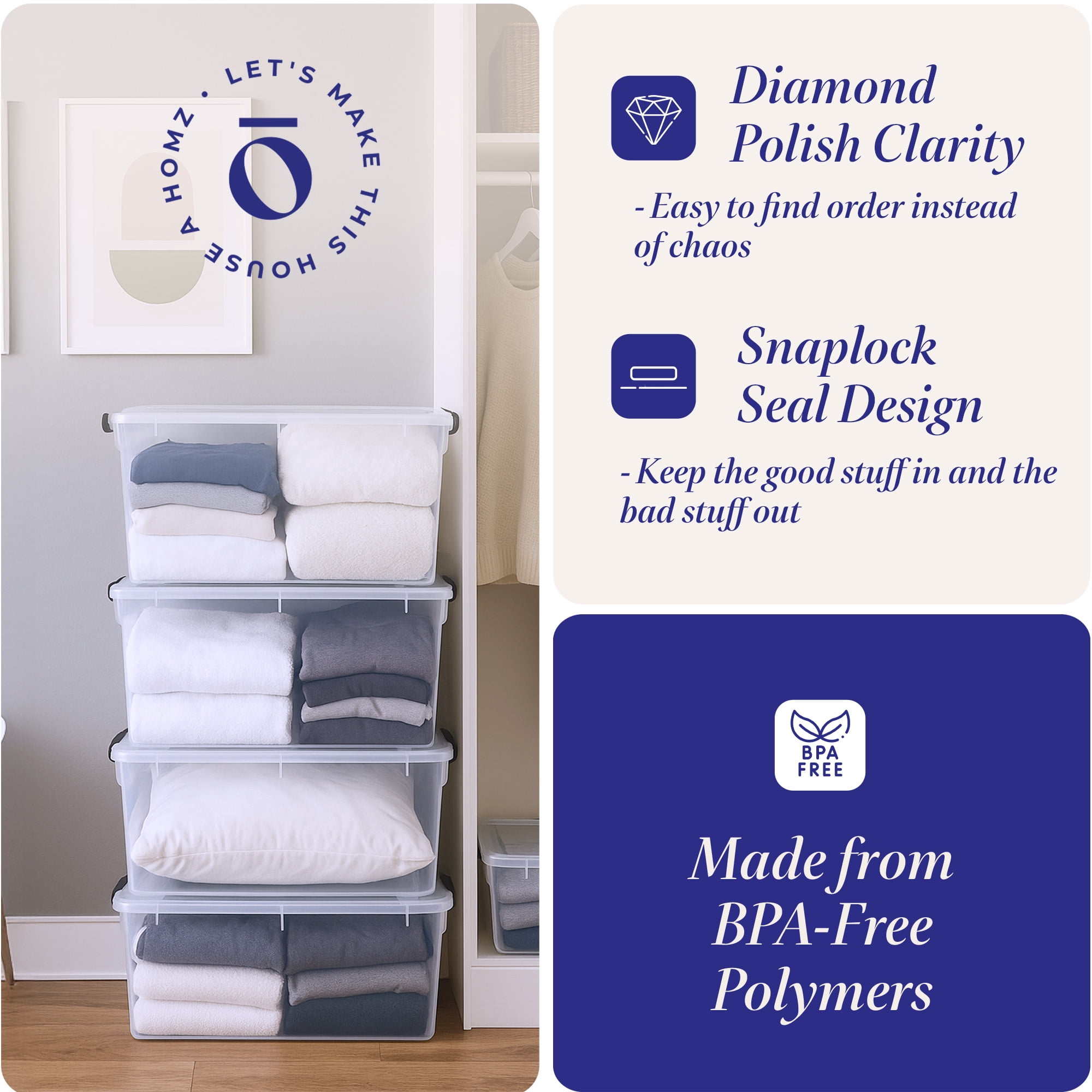 Homz 112 Quart Latching Plastic Storage Container, Durable Stackable Bin (Clear, 4 Pack) rznll