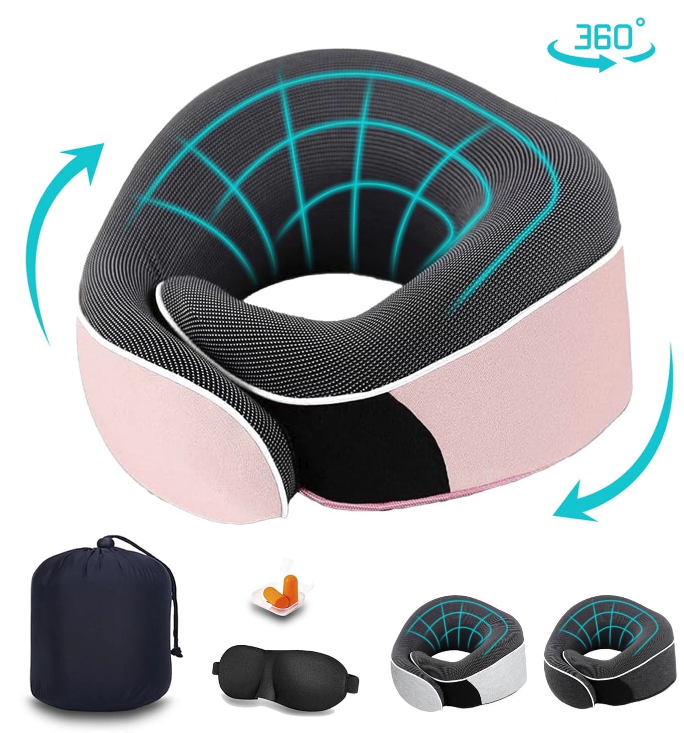 Merryhome Memory Foam Travel Neck Pillow, Ergonomic 360-Degree Support with Eye Mask and Earplugs (Pink, 0.7 lb) 5ih4y
