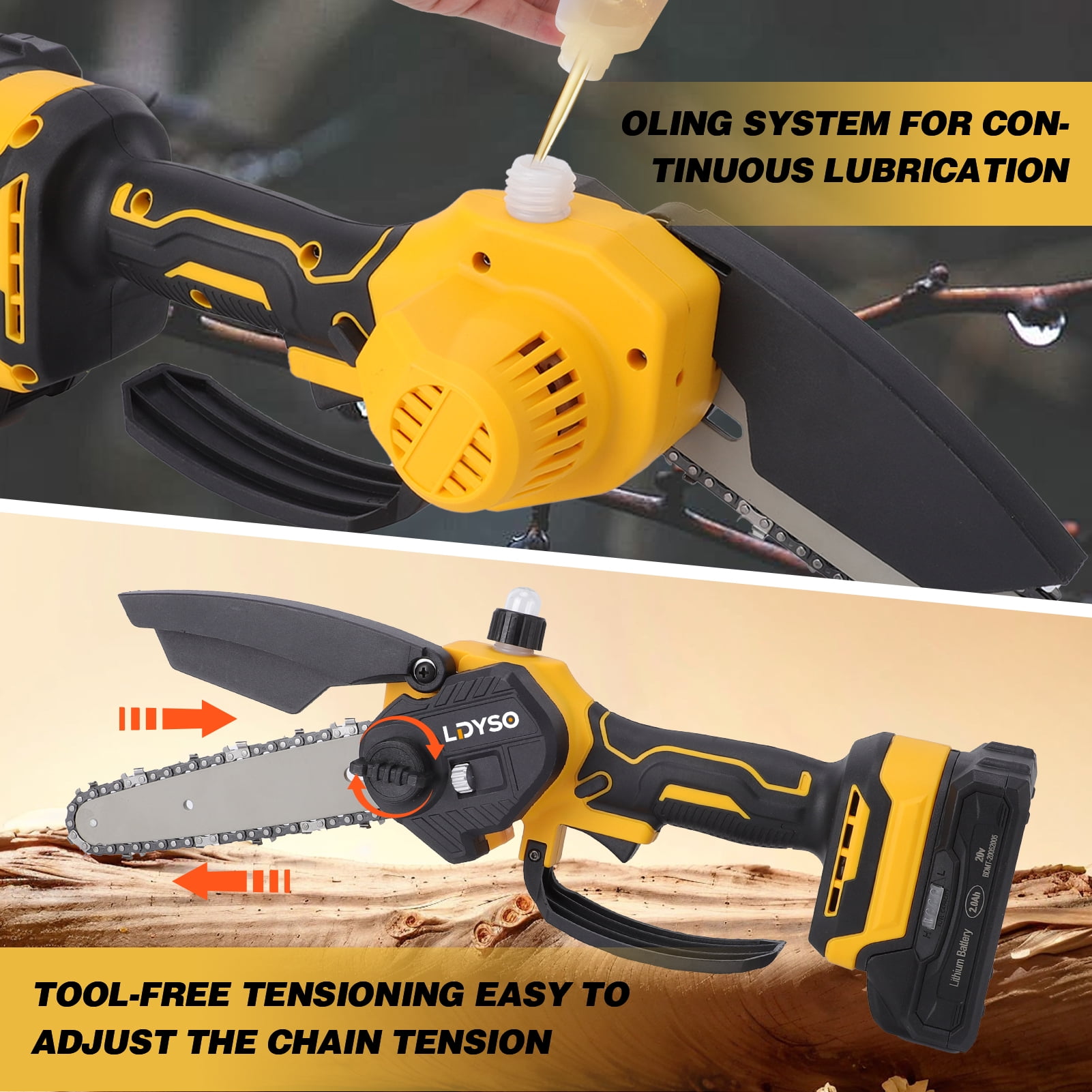 Ldyso 2-in-1 Cordless Pole Saw and Mini Chainsaw Set, Adjustable Extension Rod for Tree Trimming (Yellow, 15.5 ft) zp8m5
