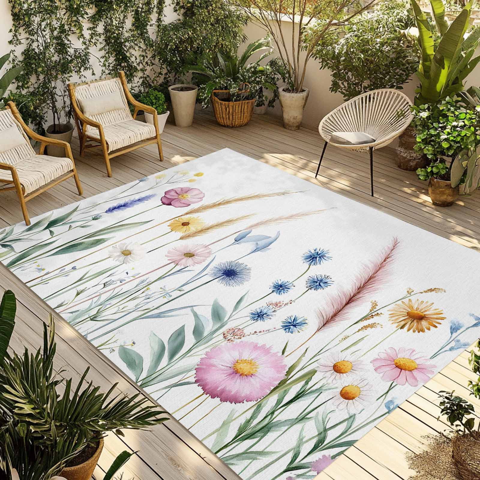 LBCASA Spring Floral Outdoor Rug, Washable Botanical Area Carpet for Patio and Deck (Pink, 5 ft x 8 ft) a1er6