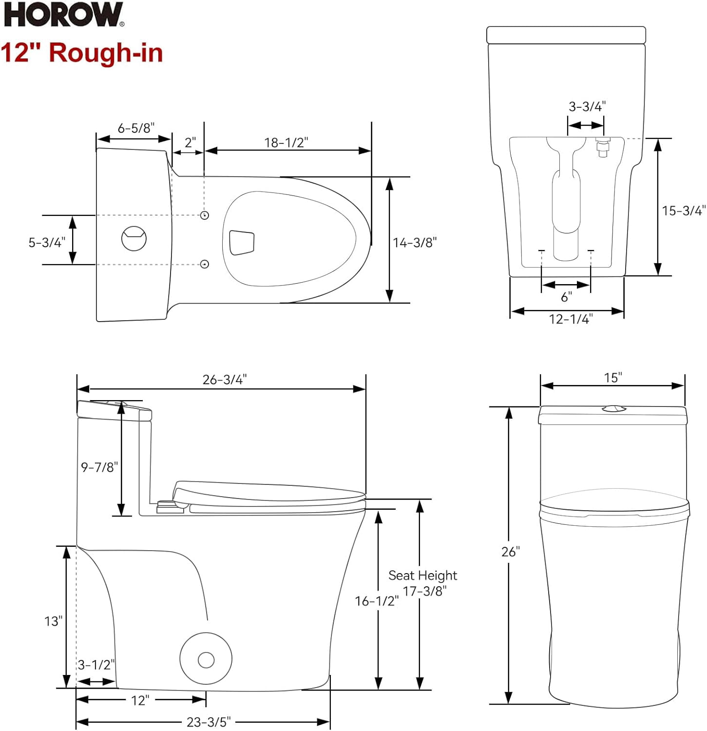 HOROW Compact One-Piece Elongated Toilet, Dual Flush Water-Saving Bathroom Commode (White, 12 in Rough-in) v7ila