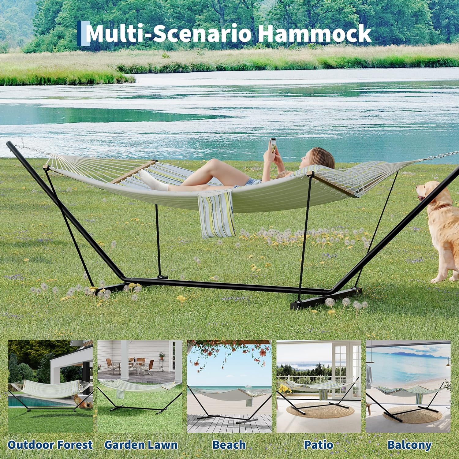 GARVEE Double Hammock with Stand, Heavy-Duty Outdoor Swing Bed with Adjustable Steel Frame (Blue & Green Stripes, 143.7 in) 9i0ty